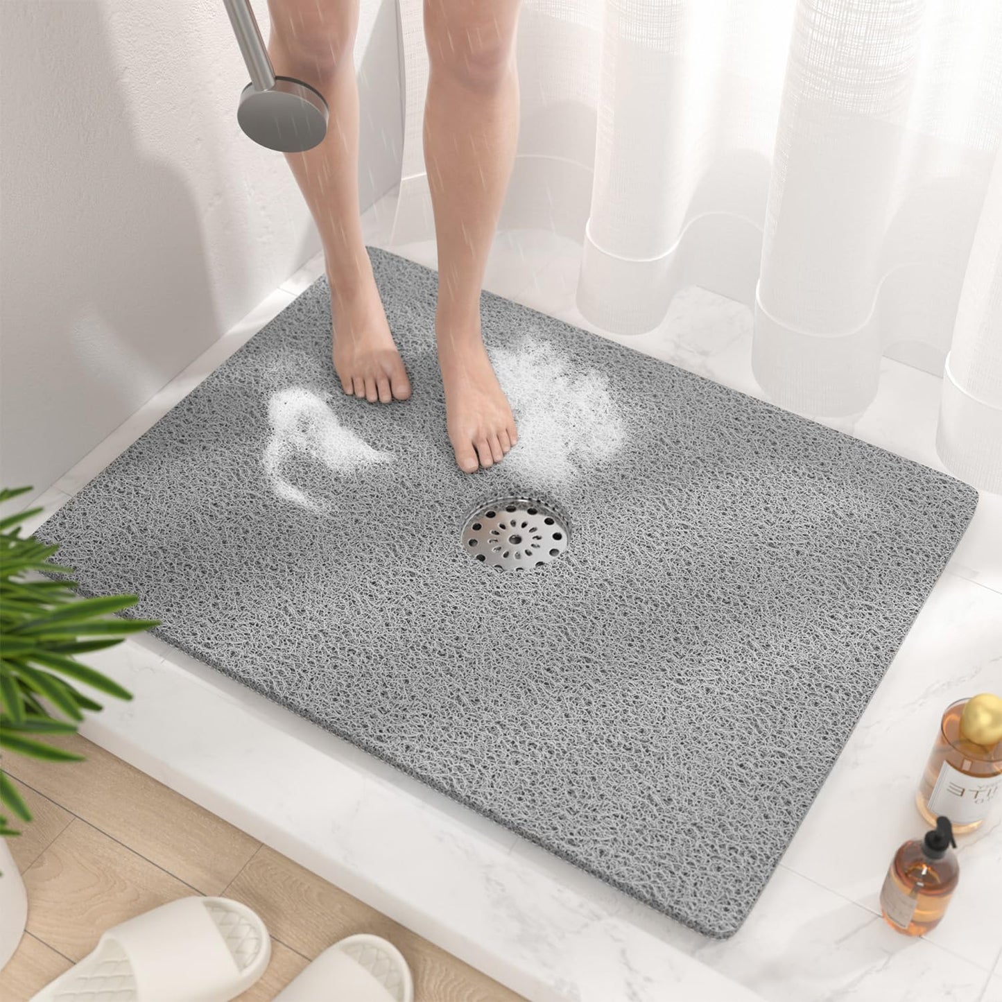 HITSLAM Square Shower Mat, 24 x 24 Inch Non Slip Bath Mat for Tub, Soft PVC Loofah Bathtub Mats with Drain Holes, Quick Drying Bathroom Stall Floor Mat, Bathroom Accessories Without Suction Cup, Grey