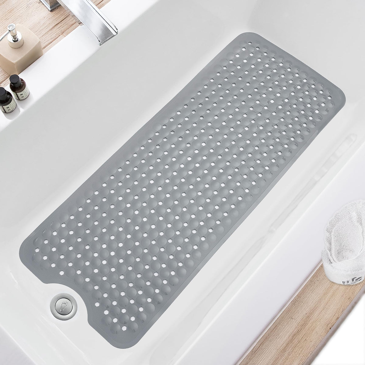 TEESHLY Bath Tub and Shower Mats, Non Slip 40 x 16 Inch Extra Large Bathtub Mat, Machine Washable Bathmat with Drain Holes, Suction Cups for Bathroom Floor, Gray