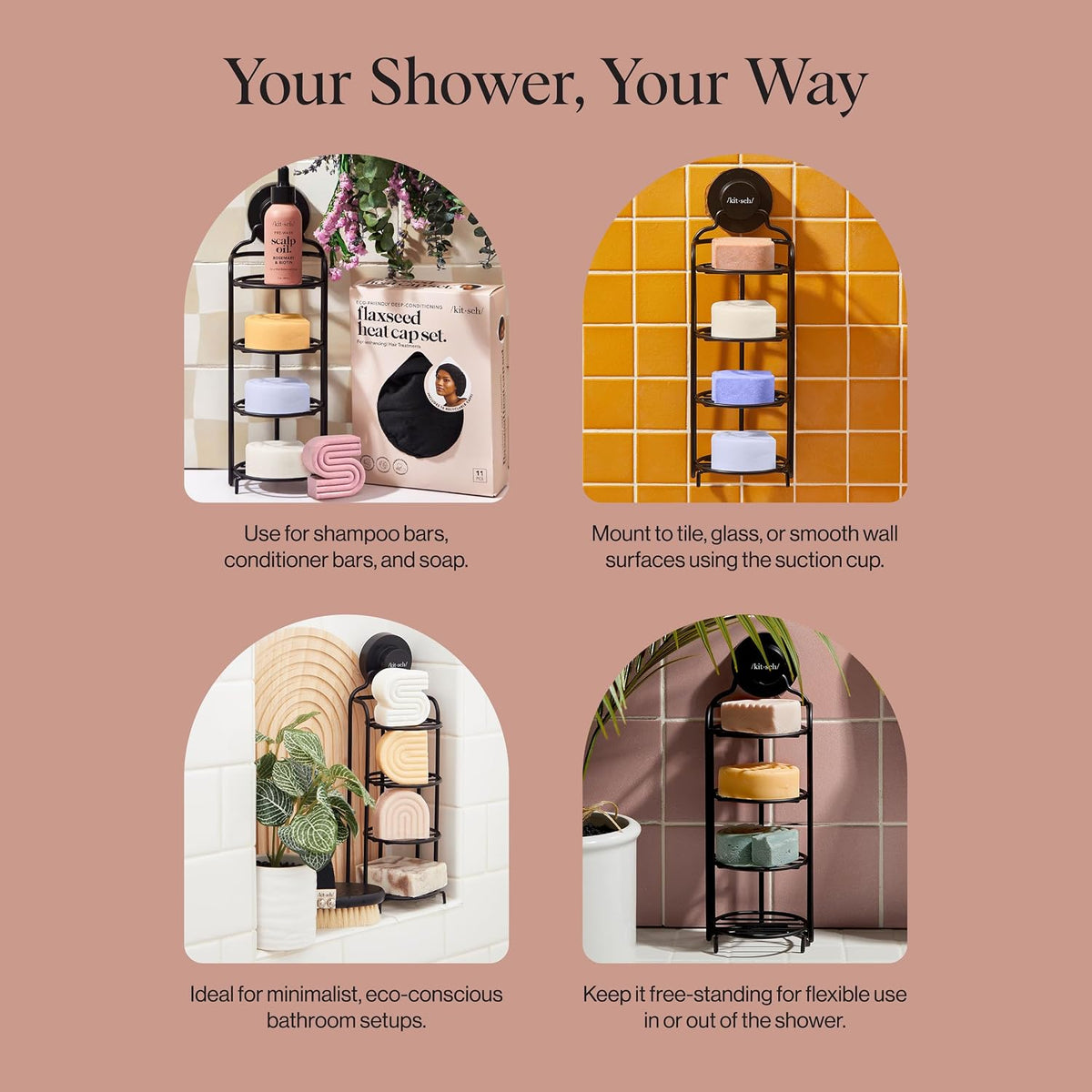 Kitsch Shower Caddy Hanging with Suction Cup | Self-Draining Shampoo Bar Holder & Shower Shelves for Conditioner Bars & Soap – Rust Proof Bathroom Caddy