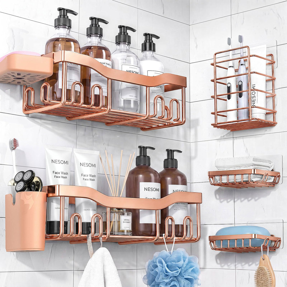 NESOMI 7-Pack Shower Caddy Adhesive,Stainless Steel Shower Organizer Shelf | Rustproof, with Soap Dish Toothbrush Holder, Large Capacity, No-Drill Rack Bathroom Storage Accessories, 24 Hooks, Home Decor