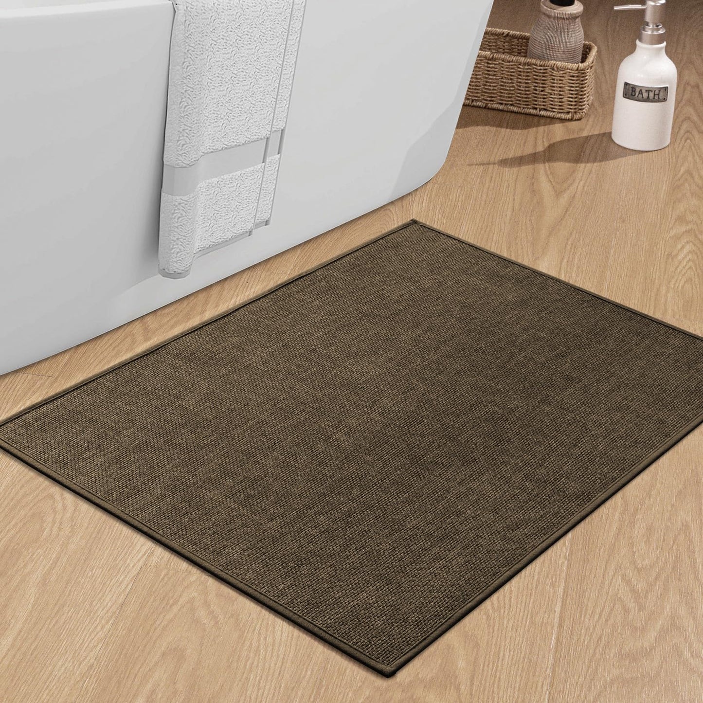 chakme Bathroom Rugs Mat 24x17, Ultra Thin Non Slip Bath Mat Small Quick Dry Absorbent Bath Mat for Bathroom Floor, (Dark Beige, 24"x17")