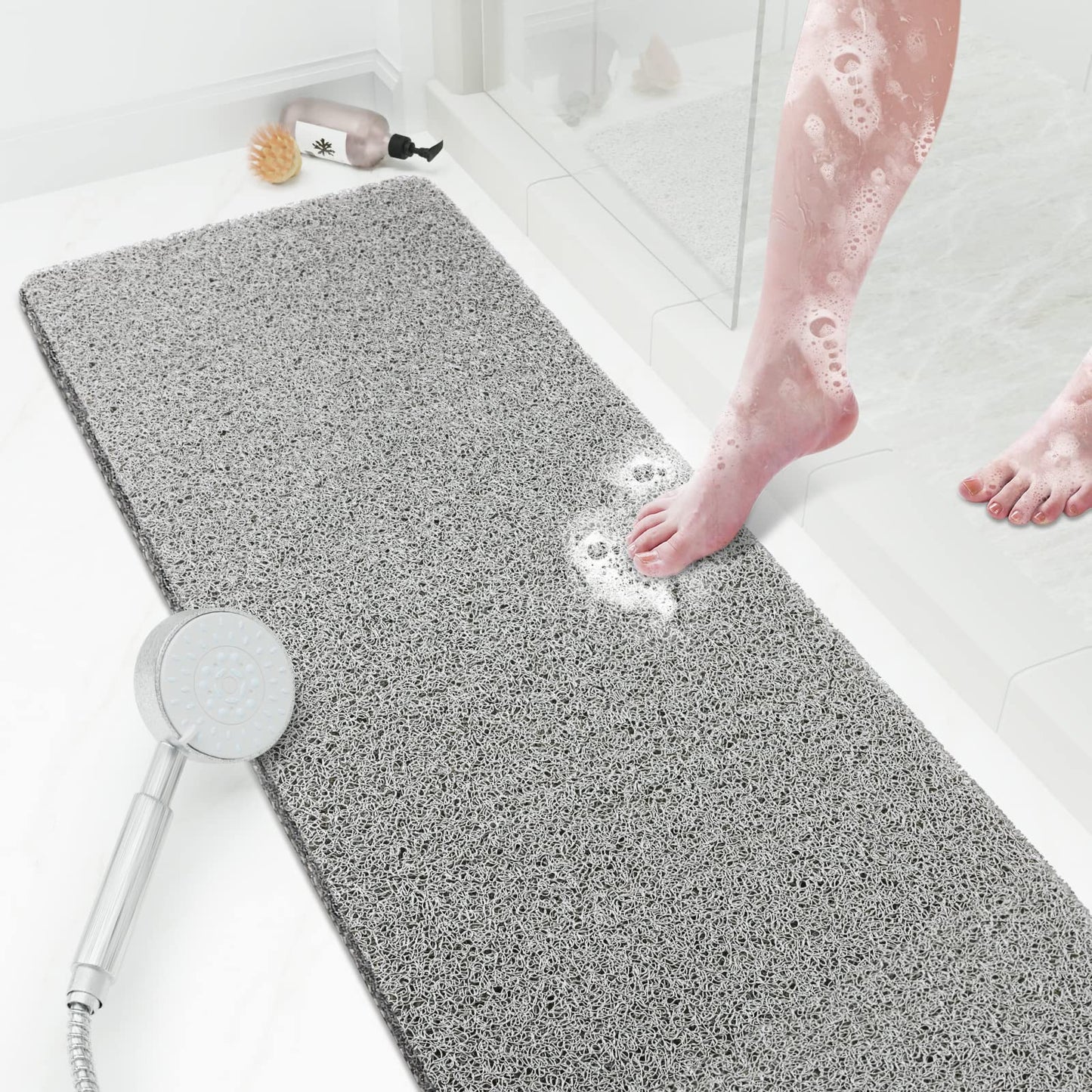 SoftDuo Shower Mat Bathtub Mat Non-Slip Soft Tub Mat | 24x16 inch,PVC Loofah Bath Mat with Drain for Tub and Bathroom,Quick Drying,Grey