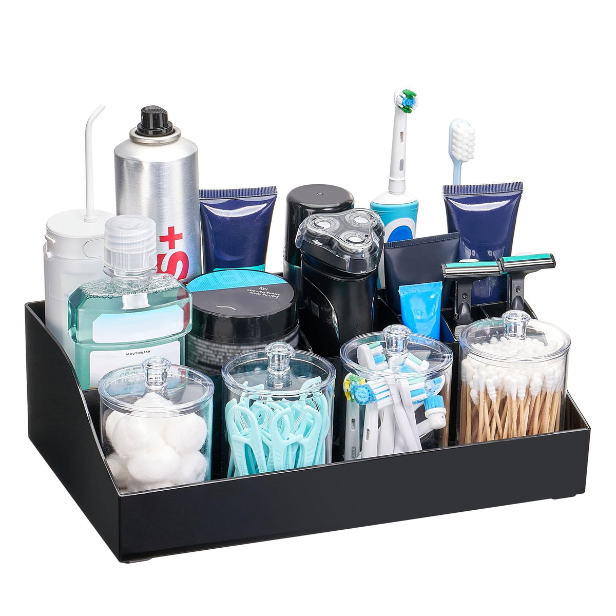Vtopmart 5 PCS Bathroom Countertop Organizer Sets | 1 Divided Tray, 4 Qtip Holder Jars, Clear, For Toothbrush, Cotton Pads, for bathroom countertop