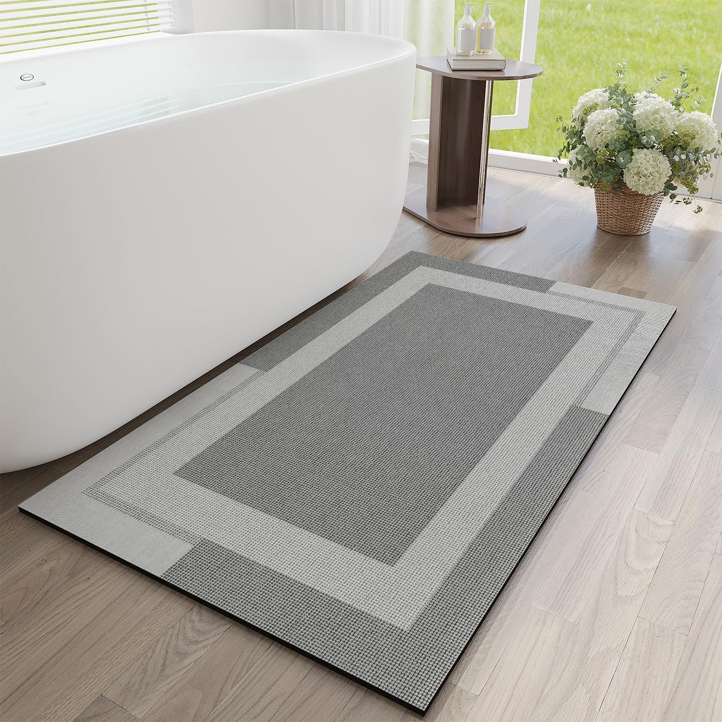 YDKGL Non Slip Bath Mat Thin Bathroom Rugs Fit Under Door Grey 16"x 24" | Quick Dry Absorbent Washable Rubber Backing Bath Rug Shower Mat Bathroom Floor Mat for Sink Bathtub Beside Shower Entrance