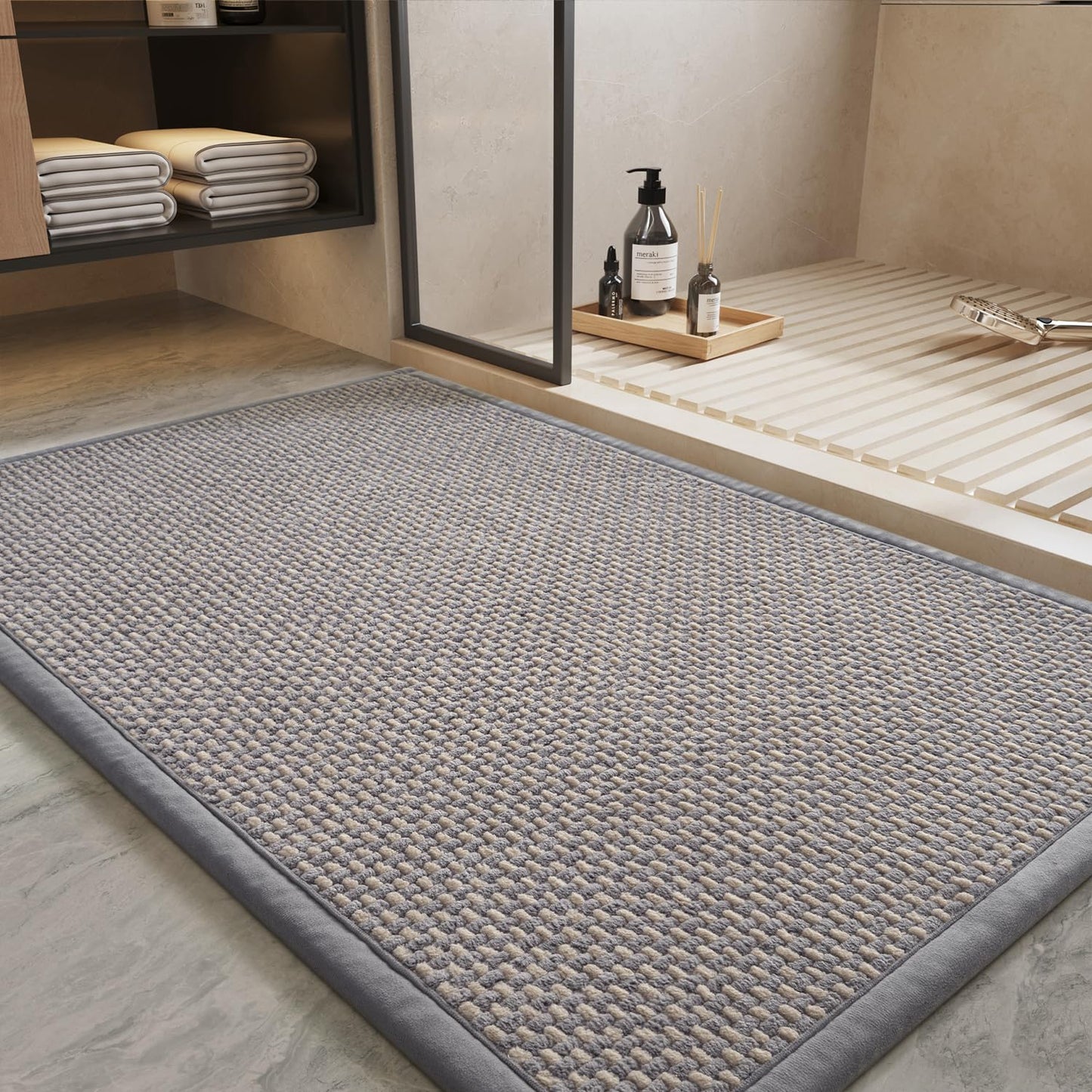 PADOOR-Bath Mat-Super Absorbent Chenille Bathroom Mats-Rubber Backed Bath Mats for Bathroom Non Slip, Easy Clean Bathroom Rugs Front of Bathtub,Shower Room,Sink-17×28, Beige&Cream