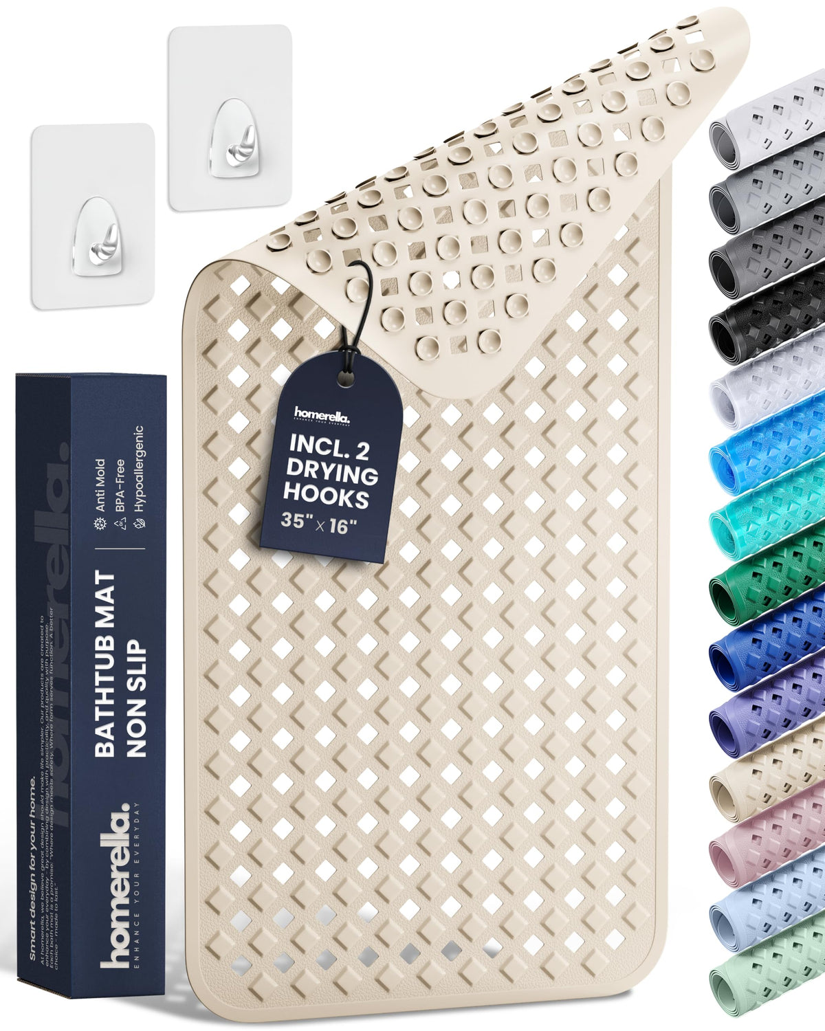 homerella Bathtub Mat Non Slip 35x16 Shower Mat Non Slip Anti Mold BPA Free | Mildew Resistant, Machine Washable, Extra Long Tub Mat, Shower Mats for Inside Shower, Bath Mat for Tub Non Slip EU Certified