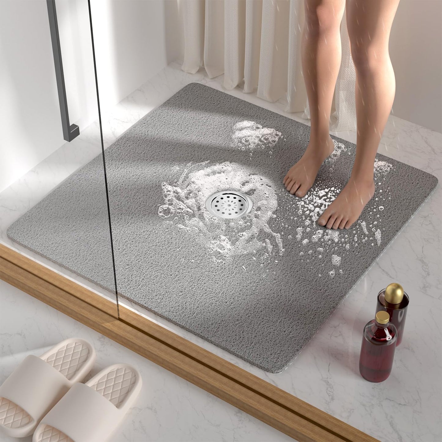 HITSLAM Square Shower Mat, 24 x 24 Inch Non Slip Bath Mat for Tub, Soft PVC Loofah Bathtub Mats with Drain Holes, Quick Drying Bathroom Stall Floor Mat, Bathroom Accessories Without Suction Cup, Grey