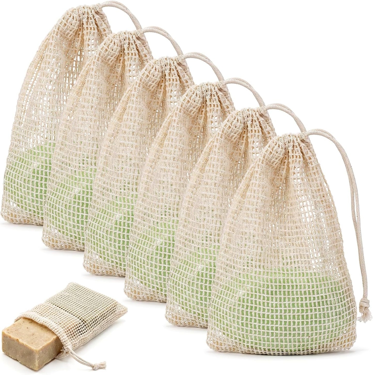 6 PCS Natural Sisal Soap Saver Bag, Mesh Sisal Soap Bags for Soap Bars with Drawstring, Exfoliating Foaming Quick Drying Bar Soap Net Pouch for Shower