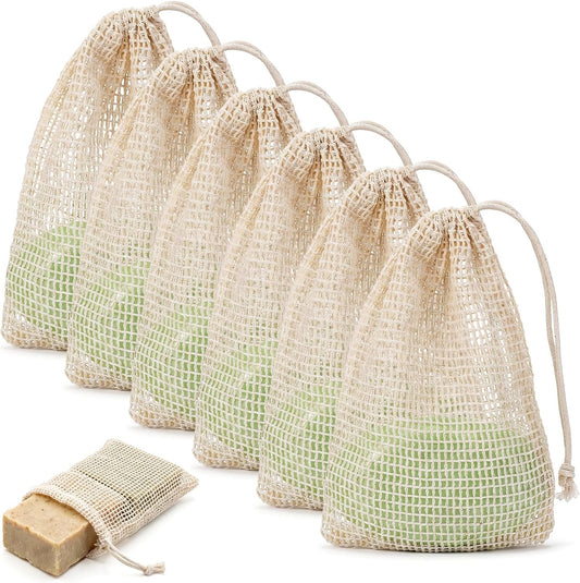 6 PCS Natural Sisal Soap Saver Bag, Mesh Sisal Soap Bags for Soap Bars with Drawstring, Exfoliating Foaming Quick Drying Bar Soap Net Pouch for Shower