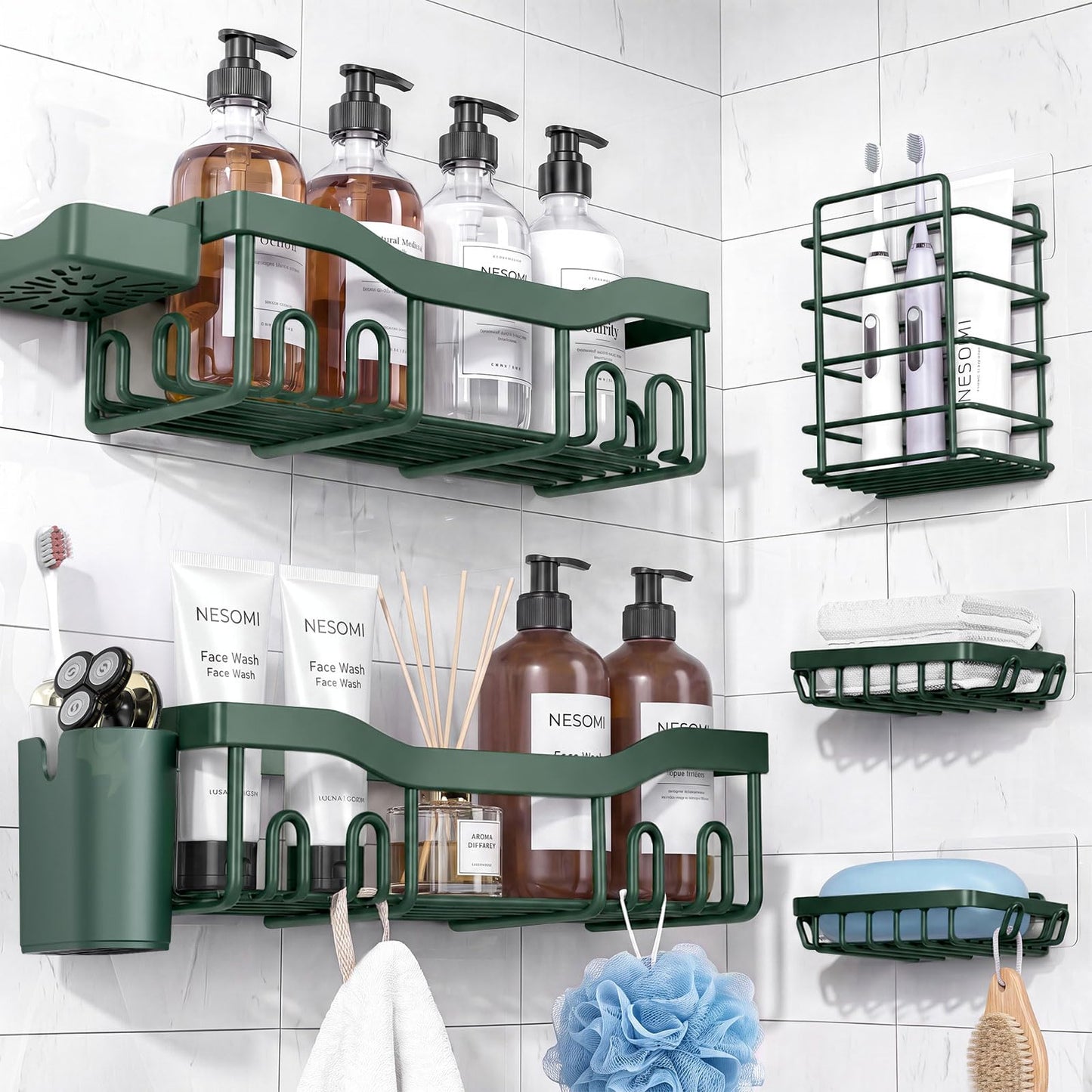 NESOMI 7-Pack Shower Caddy Adhesive,Stainless Steel Shower Organizer Shelf | Rustproof, with Soap Dish Toothbrush Holder, Large Capacity, No-Drill Rack Bathroom Storage Accessories, 24 Hooks, Home Decor