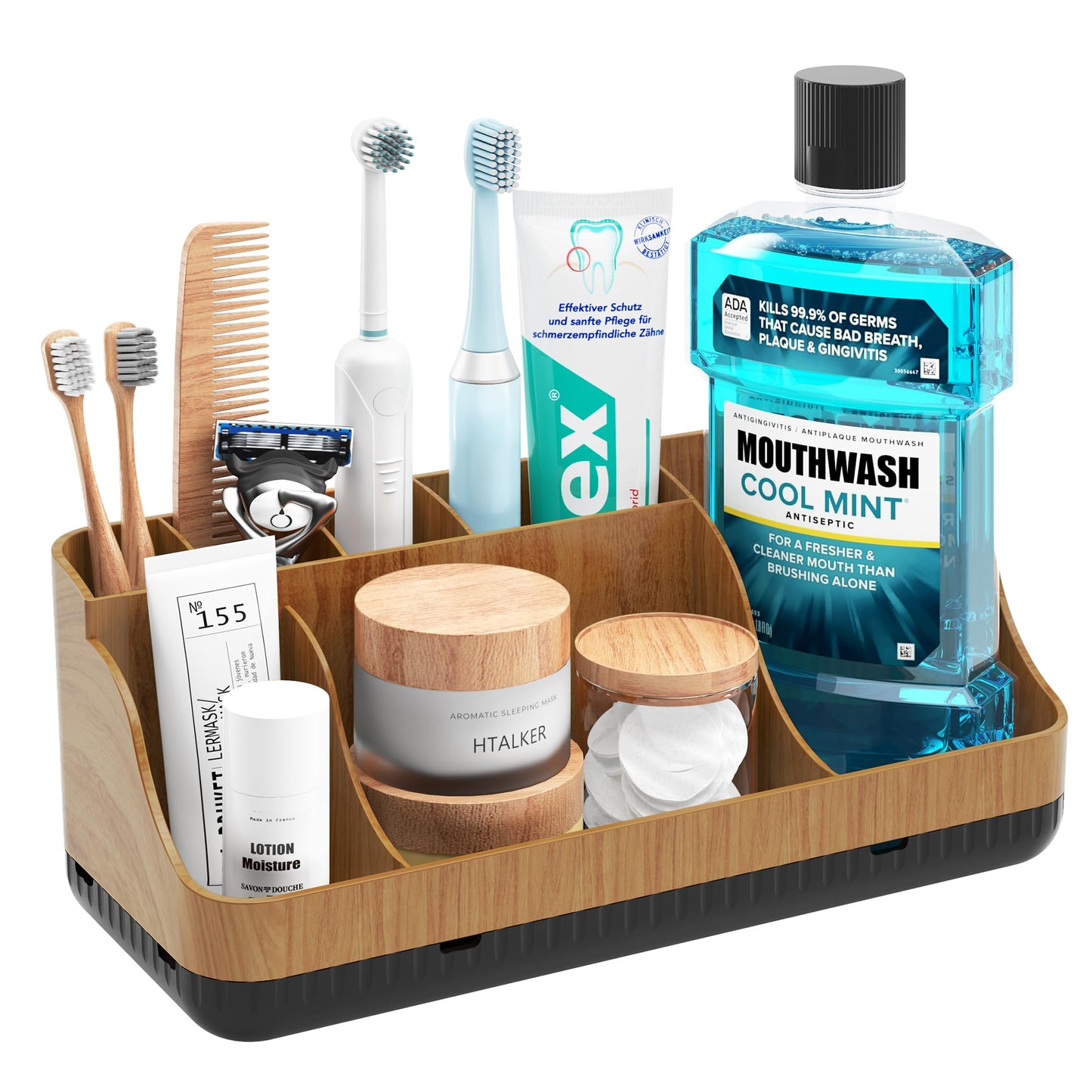 Bathroom Counter Organizer and Storage with 2 Pack Qtip Holder Dispenser, 7 Slots Detachable Toothbrush Holders for Bathrooms, Anti-Slip Electric Toothbrush and Toothpaste Holder Countertop