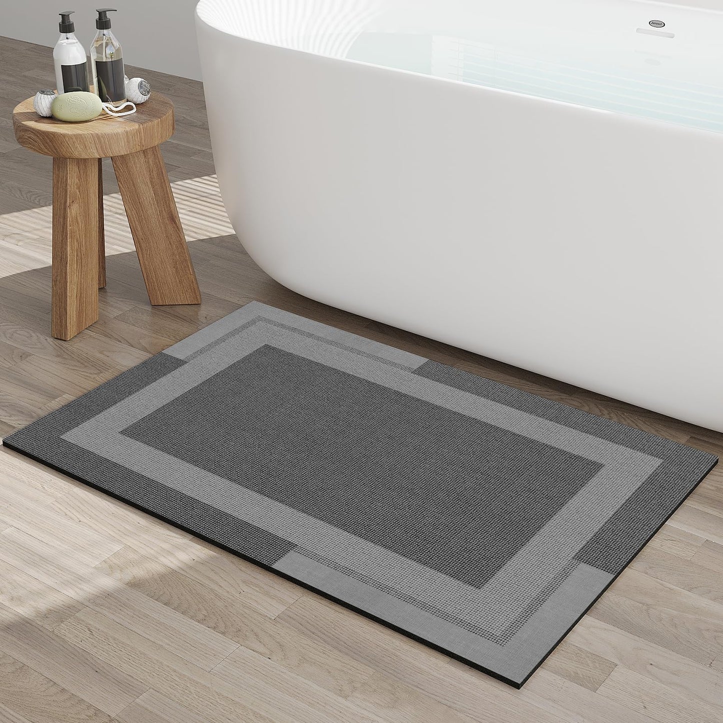 YDKGL Non Slip Bath Mat Thin Bathroom Rugs Fit Under Door Grey 16"x 24" | Quick Dry Absorbent Washable Rubber Backing Bath Rug Shower Mat Bathroom Floor Mat for Sink Bathtub Beside Shower Entrance