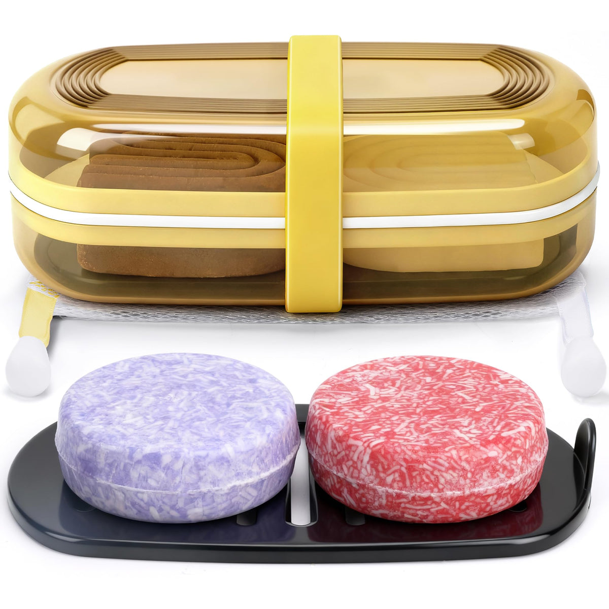 Shampoo Bar Holder and Soap Case | Leakproof Travel Container with Lid & Drain Tray | Includes Silicone Strap and Mesh Soap Bag | for Bathroom, Shower, Camping, Gym Travel (Red, Large)