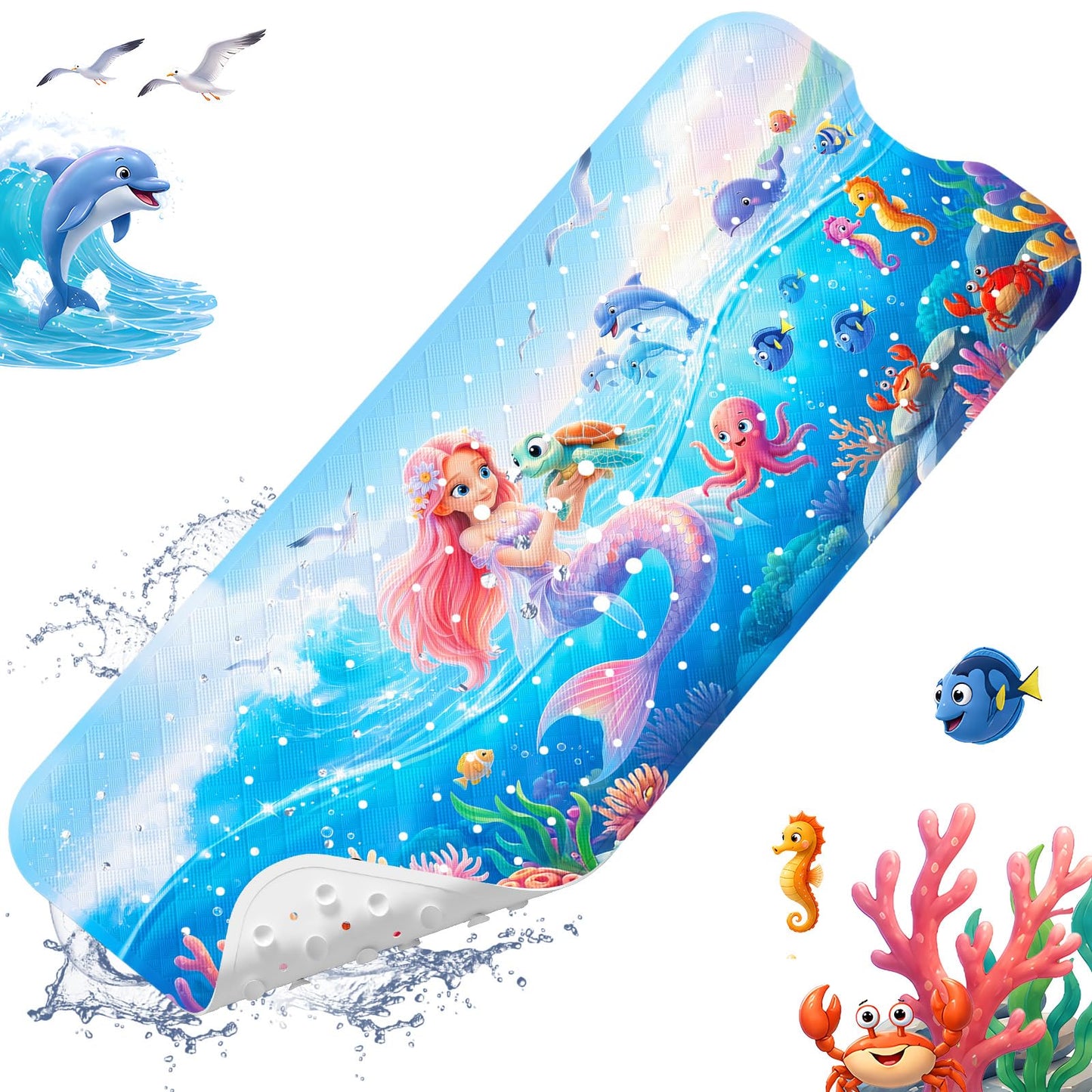 XIYUNTE Baby Bath Mat for Tub Non Slip Kids Bath Mat - 40''x16'' Extra Long Cartoon Bathtub Mat Non Slip Kids Shower Mat Eco-Friendly Toddler Bath Mats with Suction Cups, Machine Washable