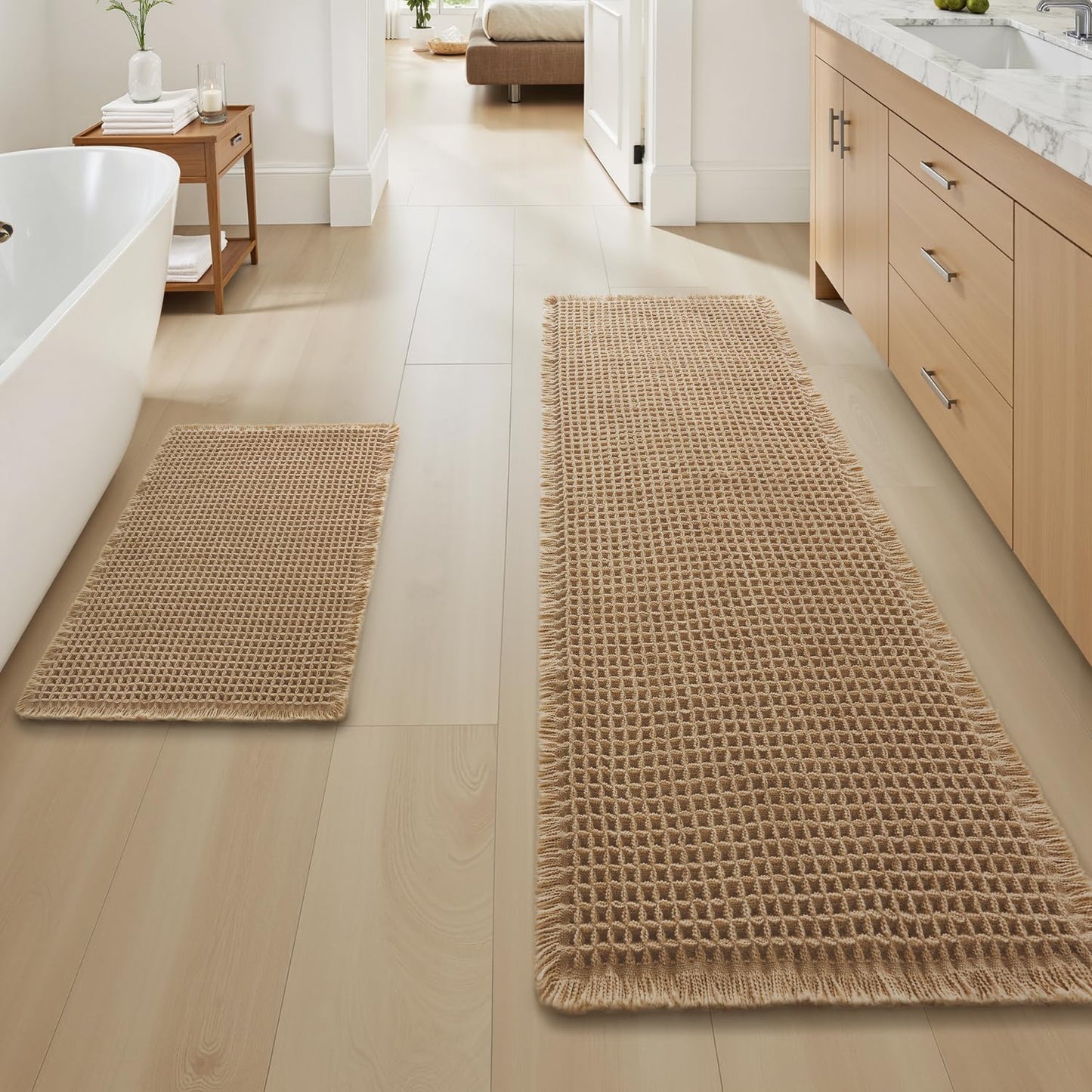 Upgraded Waffle Bath Mat Ultra Absorbent Non Slip Bathroom Mat, 17" x 24" | Brown, Quick Dry Washable Bathroom Rugs, Extra Soft Decorative Bath Rugs for Bathroom Floor, Beside Tub and Shower