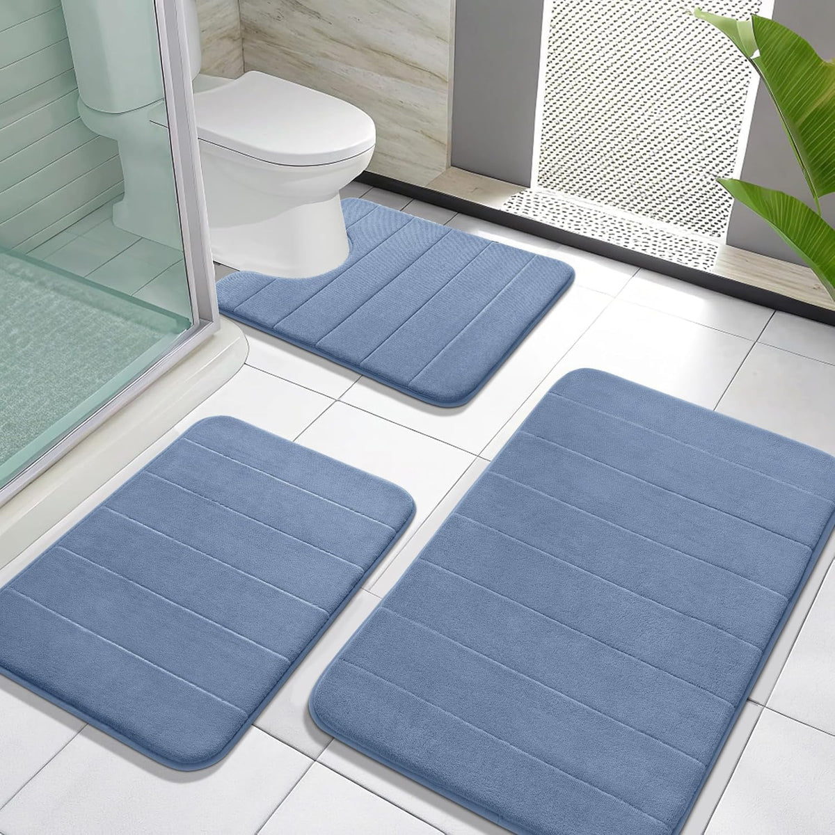 Yimobra Memory Foam Bath Mat Set 3 Pieces- Super Soft Absorbent Quick Dry Bathroom Rug Sets, Machine Washable Non Slip Floor Carpet for Tub Shower, Vanity & Toilet Base, Gray