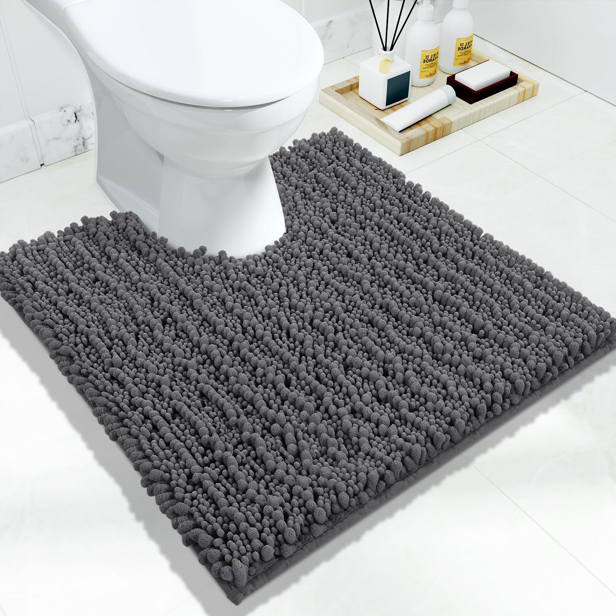 Yimobra Bathroom Rugs Non-Slip Washable – Extra Soft & Absorbent Chenille Bath Mat, Quick-Dry Plush Shaggy Floor & Vanity Bath Rugs for Tub & Shower, Modern Home Decor Accessories, 24 x 17, Grey