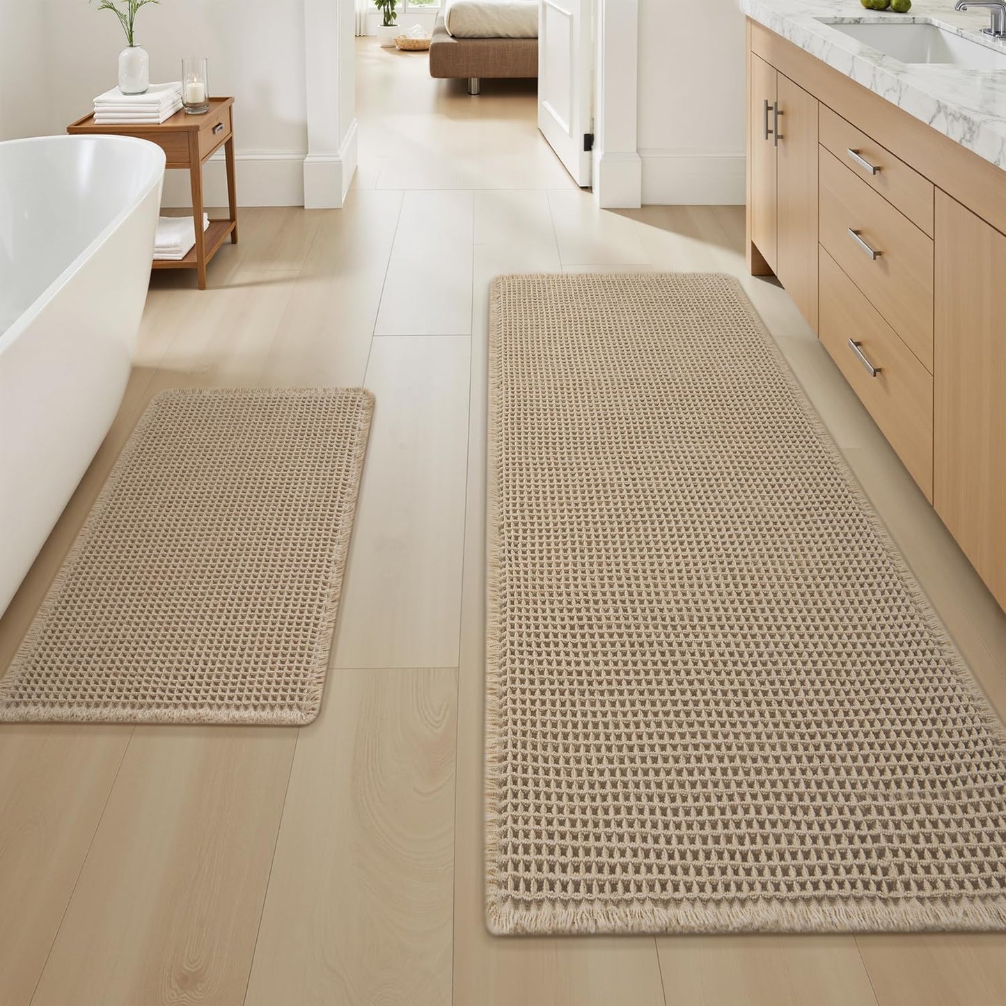 Upgraded Waffle Bath Mat Ultra Absorbent Non Slip Bathroom Mat, 17" x 24" | Brown, Quick Dry Washable Bathroom Rugs, Extra Soft Decorative Bath Rugs for Bathroom Floor, Beside Tub and Shower
