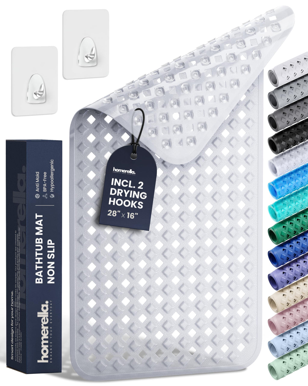 homerella Bathtub Mat Non Slip 35x16 Shower Mat Non Slip Anti Mold BPA Free | Mildew Resistant, Machine Washable, Extra Long Tub Mat, Shower Mats for Inside Shower, Bath Mat for Tub Non Slip EU Certified