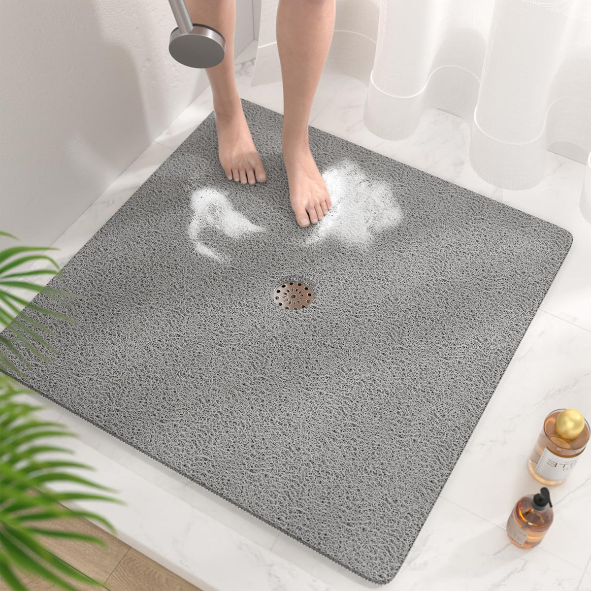 HITSLAM Square Shower Mat, 24 x 24 Inch Non Slip Bath Mat for Tub, Soft PVC Loofah Bathtub Mats with Drain Holes, Quick Drying Bathroom Stall Floor Mat, Bathroom Accessories Without Suction Cup, Grey
