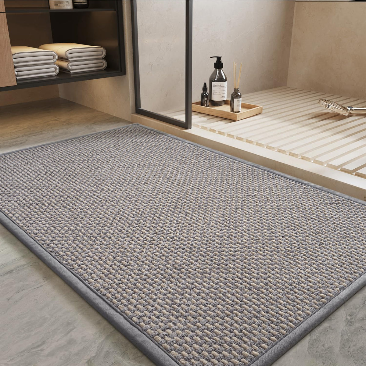 PADOOR-Bath Mat-Super Absorbent Chenille Bathroom Mats-Rubber Backed Bath Mats for Bathroom Non Slip, Easy Clean Bathroom Rugs Front of Bathtub,Shower Room,Sink-17×28, Beige&Cream
