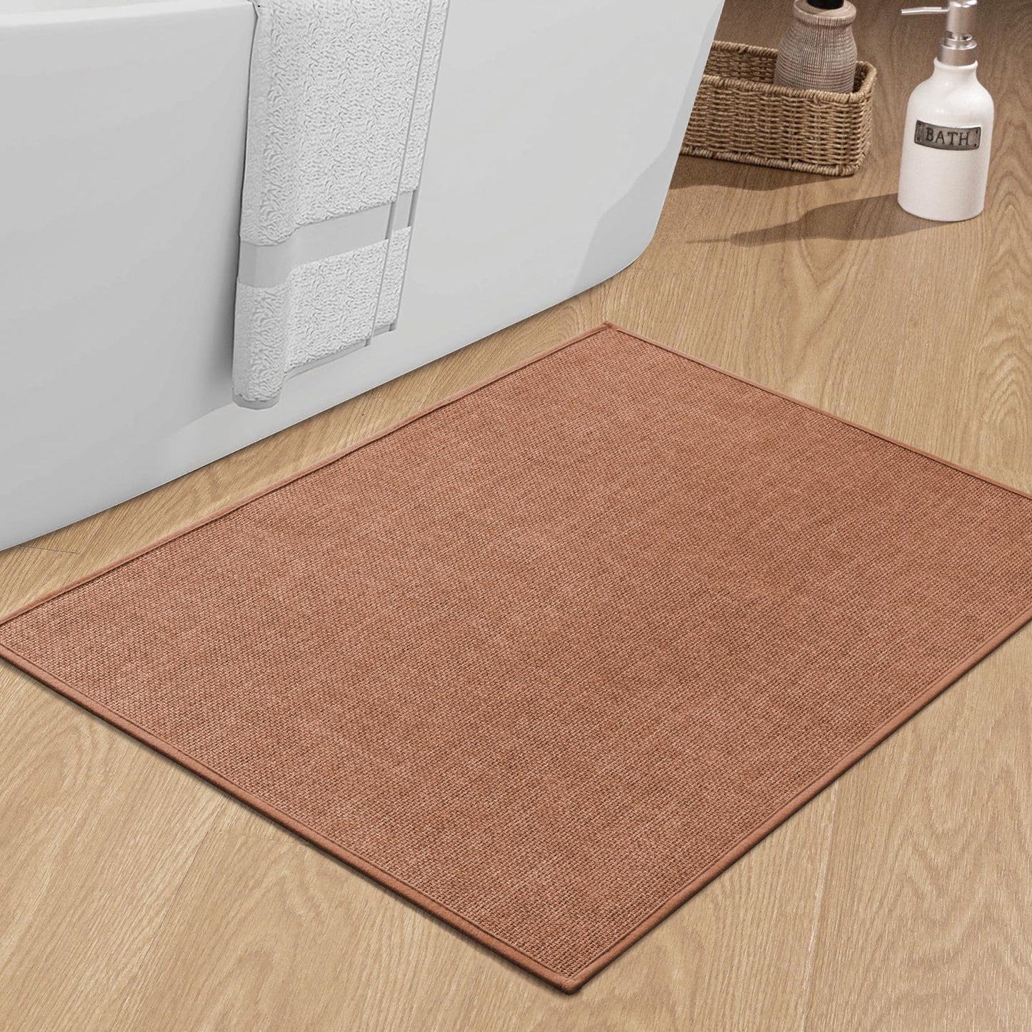 chakme Bathroom Rugs Mat 24x17, Ultra Thin Non Slip Bath Mat Small Quick Dry Absorbent Bath Mat for Bathroom Floor, (Dark Beige, 24"x17")