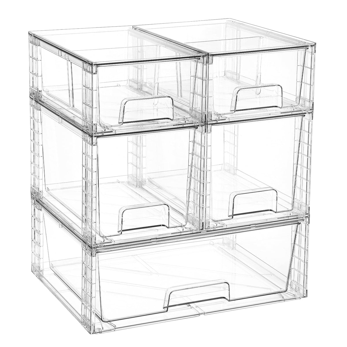 Vtopmart Clear Stackable Storage Drawers, 4 Pack Kitchen Cabinet Set | Medium and Small Pull-Out PET Drawers with Stackable Design for Kitchen Cabinets, Pantry, Under Sink, Medicine