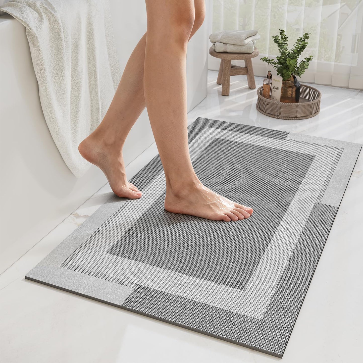 YDKGL Non Slip Bath Mat Thin Bathroom Rugs Fit Under Door Grey 16"x 24" | Quick Dry Absorbent Washable Rubber Backing Bath Rug Shower Mat Bathroom Floor Mat for Sink Bathtub Beside Shower Entrance