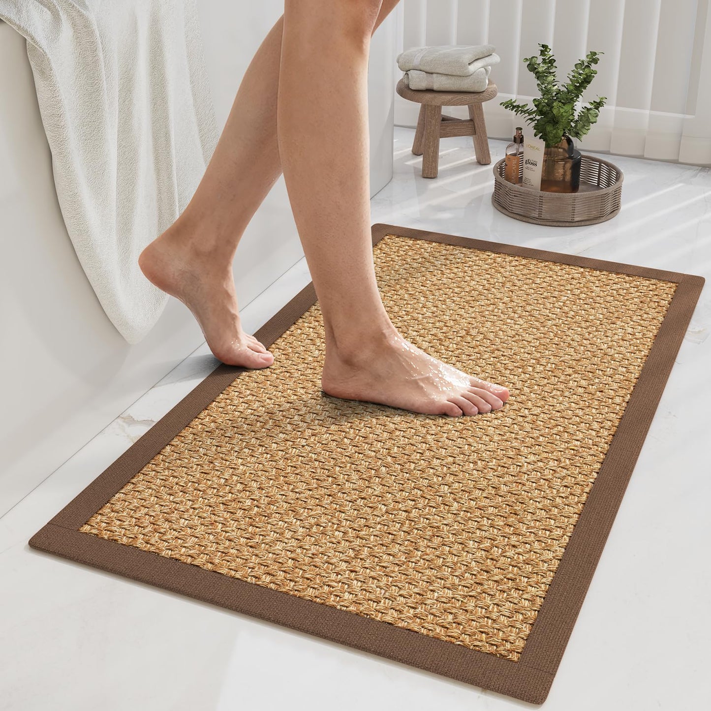 YDKGL Non Slip Bath Mat Thin Bathroom Rugs Fit Under Door Grey 16"x 24" | Quick Dry Absorbent Washable Rubber Backing Bath Rug Shower Mat Bathroom Floor Mat for Sink Bathtub Beside Shower Entrance