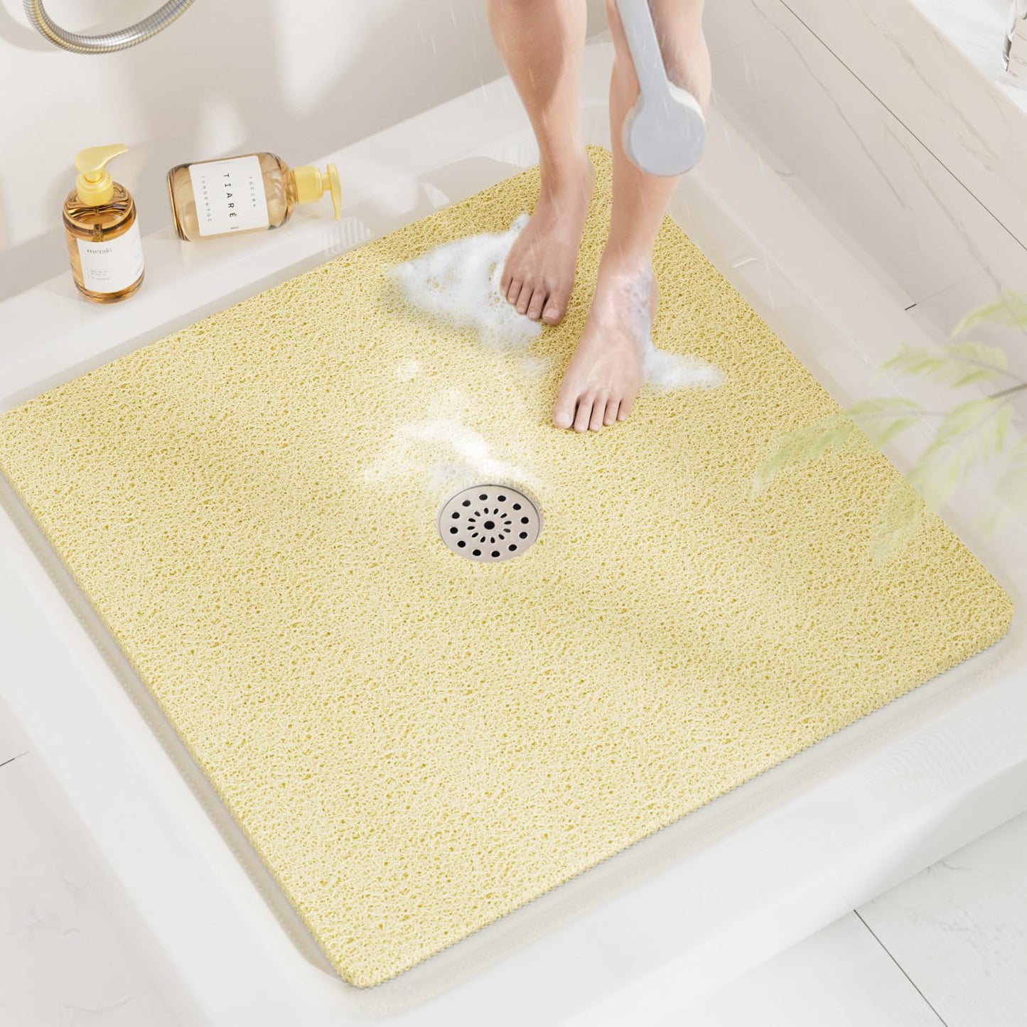HITSLAM Square Shower Mat, 24 x 24 Inch Non Slip Bath Mat for Tub, Soft PVC Loofah Bathtub Mats with Drain Holes, Quick Drying Bathroom Stall Floor Mat, Bathroom Accessories Without Suction Cup, Grey
