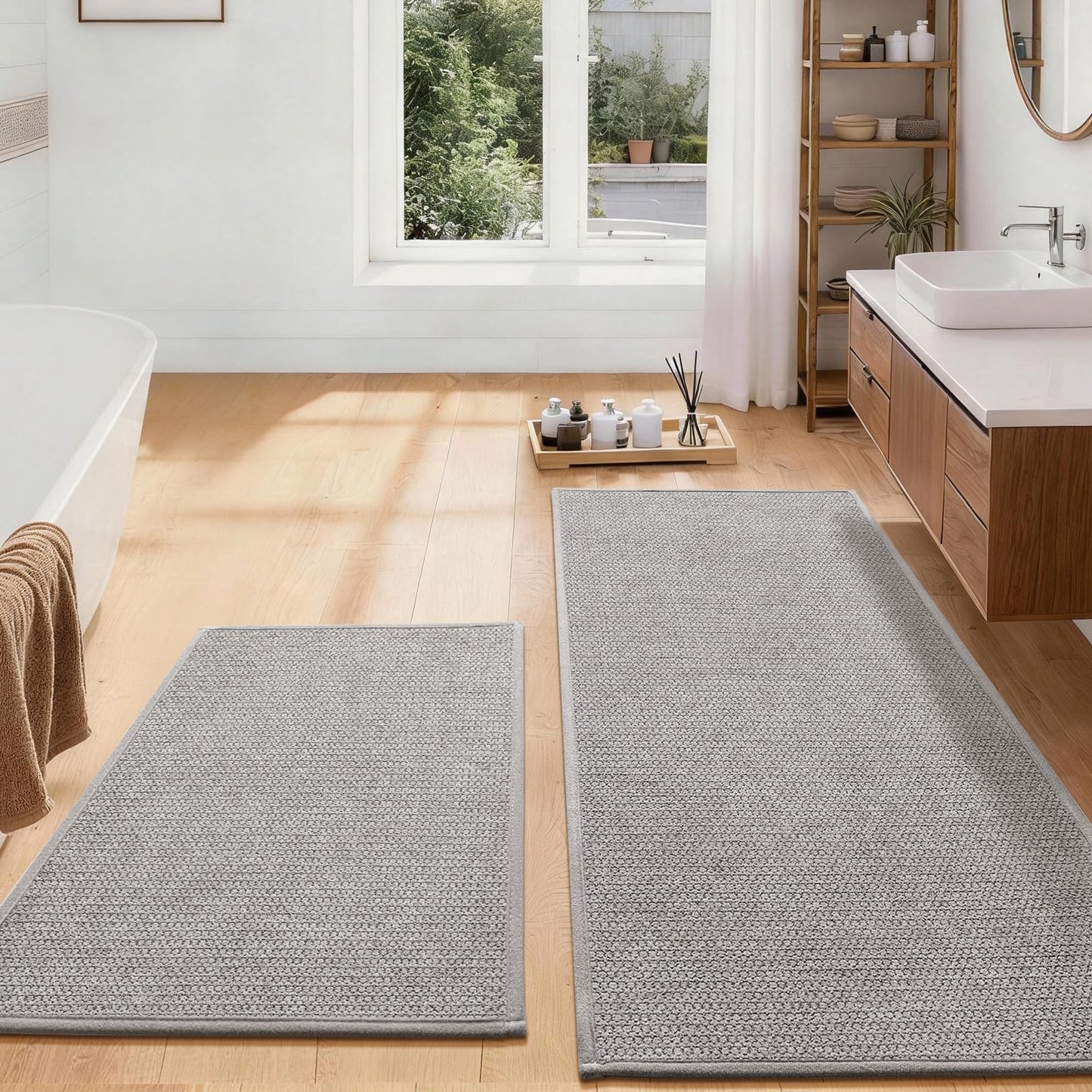 YIHOUSE Gray Bathroom Rugs Sets 3 Piece, Quick Dry Thin Bath Mat with Toilet Rug, Non Slip Absorbent Machine Washable, Bath Runner Rugs for Bathtub Sink Home Decor