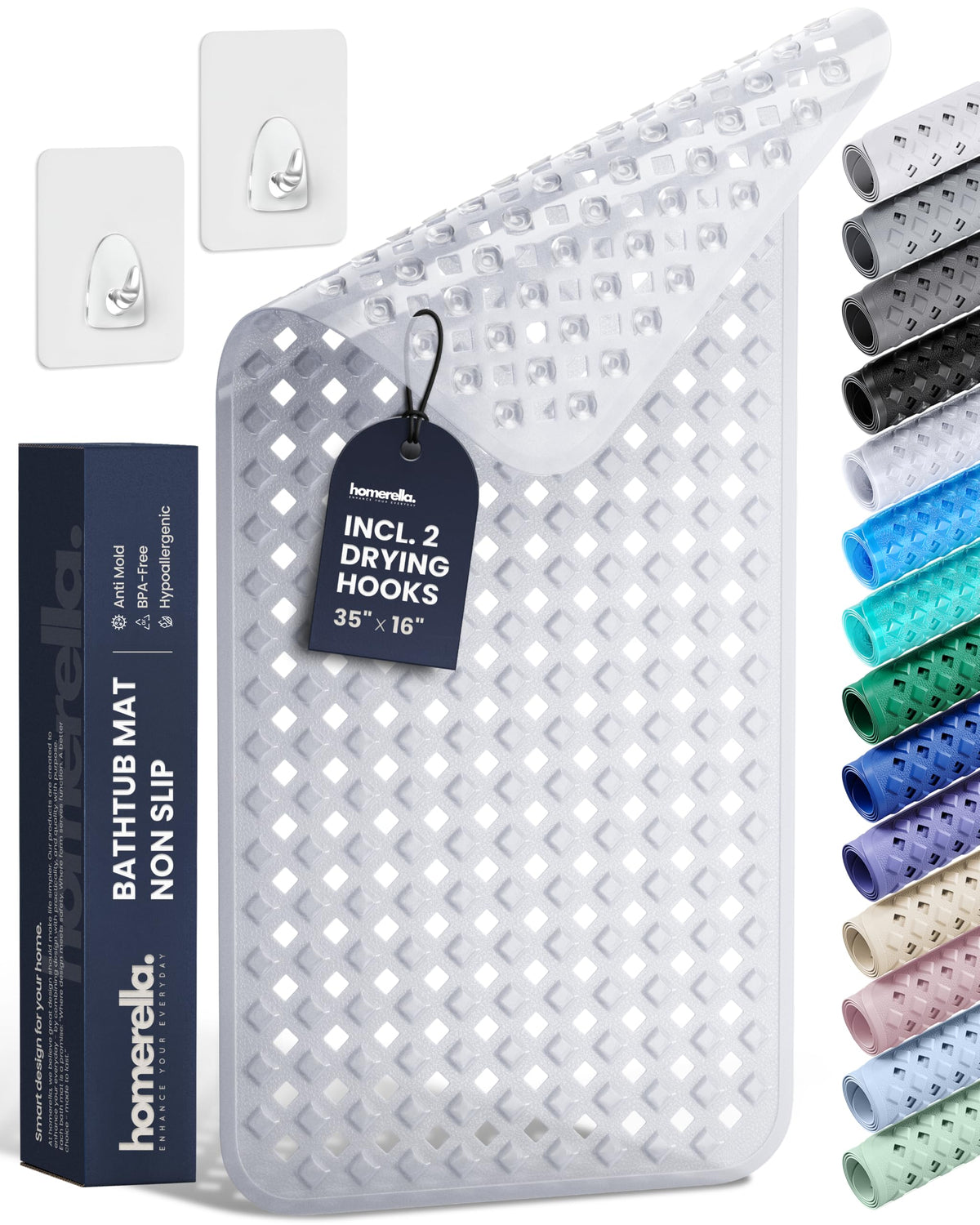 homerella Bathtub Mat Non Slip 35x16 Shower Mat Non Slip Anti Mold BPA Free | Mildew Resistant, Machine Washable, Extra Long Tub Mat, Shower Mats for Inside Shower, Bath Mat for Tub Non Slip EU Certified