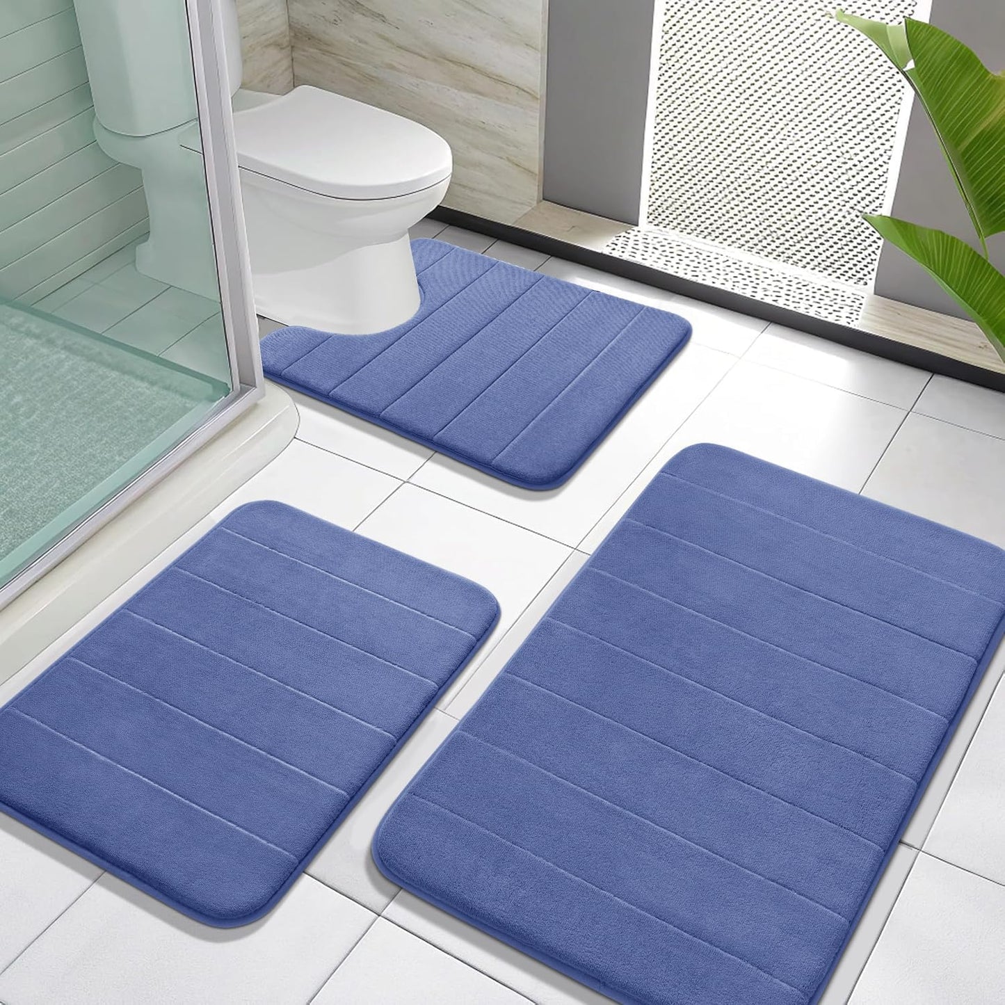 Yimobra Memory Foam Bath Mat Set 3 Pieces- Super Soft Absorbent Quick Dry Bathroom Rug Sets, Machine Washable Non Slip Floor Carpet for Tub Shower, Vanity & Toilet Base, Gray