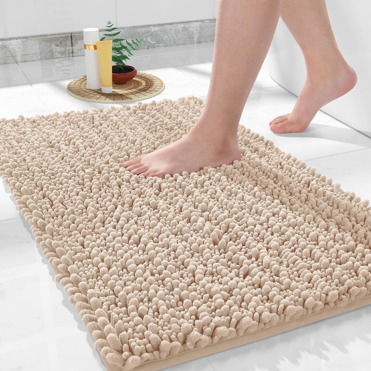Yimobra Bathroom Rugs Non-Slip Washable – Extra Soft & Absorbent Chenille Bath Mat, Quick-Dry Plush Shaggy Floor & Vanity Bath Rugs for Tub & Shower, Modern Home Decor Accessories, 24 x 17, Grey