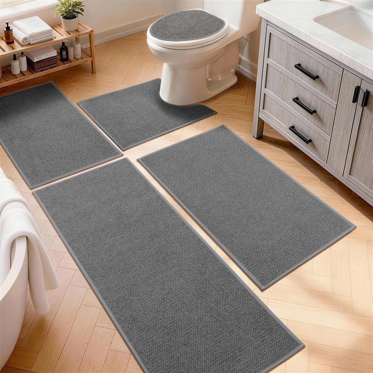 YIHOUSE Gray Bathroom Rugs Sets 3 Piece, Quick Dry Thin Bath Mat with Toilet Rug, Non Slip Absorbent Machine Washable, Bath Runner Rugs for Bathtub Sink Home Decor