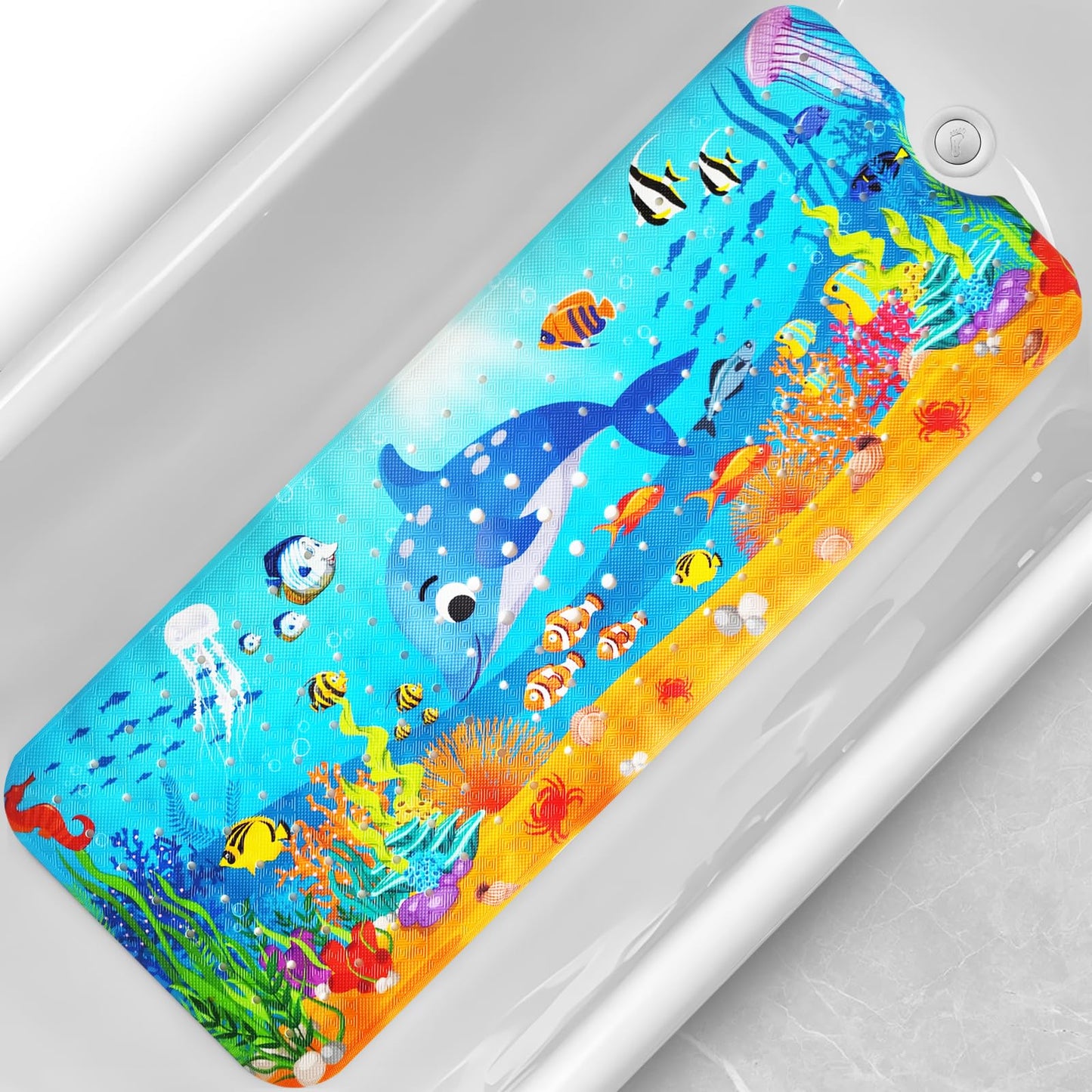 Baby Bath Tub Mat, 40 x 16 Inch Extra Large Non Slip Kids Cartoon Bathtub Shower Mats with Suction Cups & Drain Holes, Machine Washable for Bathroom, Undersea Sea Turtle