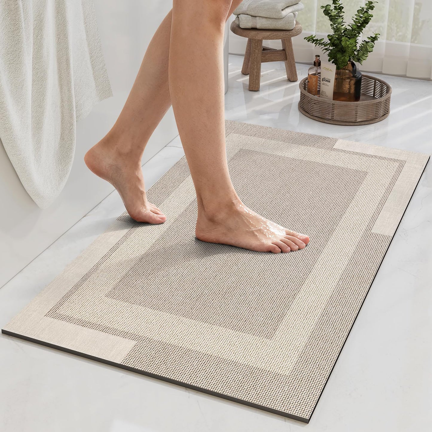 YDKGL Non Slip Bath Mat Thin Bathroom Rugs Fit Under Door Grey 16"x 24" | Quick Dry Absorbent Washable Rubber Backing Bath Rug Shower Mat Bathroom Floor Mat for Sink Bathtub Beside Shower Entrance