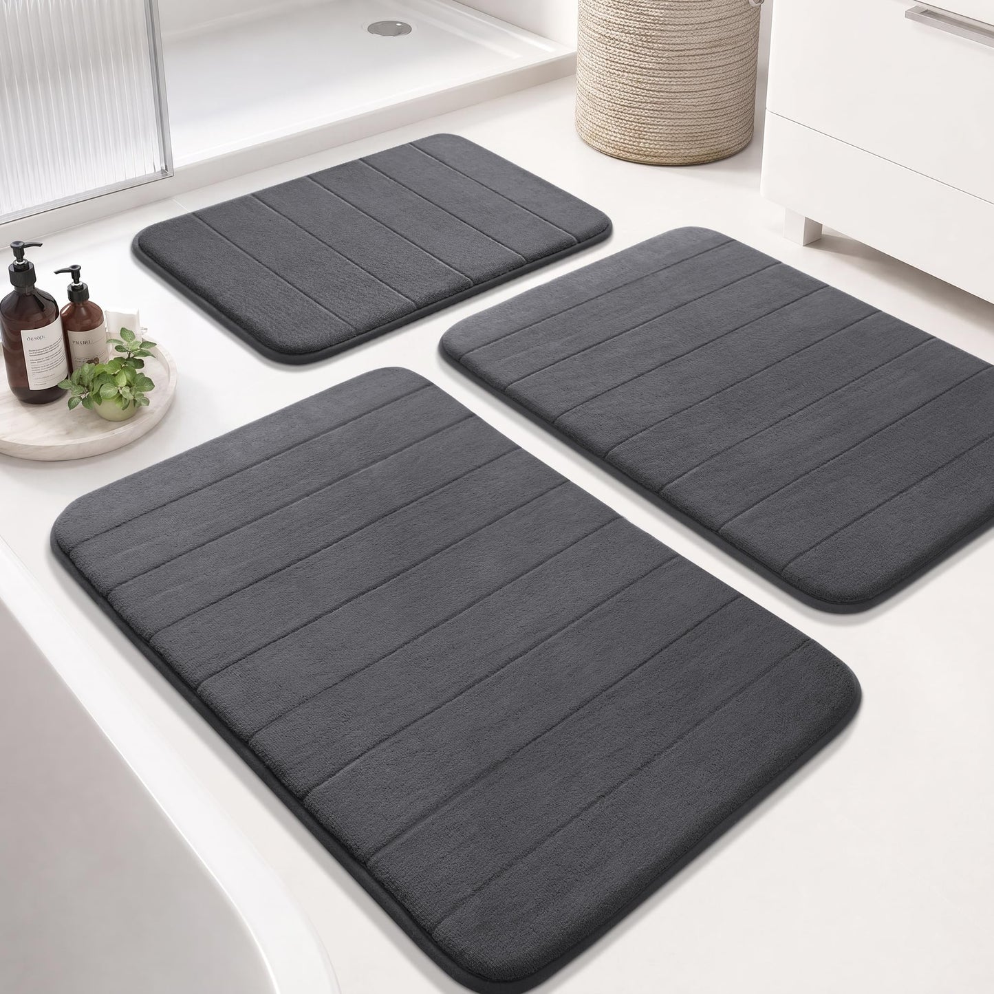 Yimobra Memory Foam Bath Mat Set 3 Pieces- Super Soft Absorbent Quick Dry Bathroom Rug Sets, Machine Washable Non Slip Floor Carpet for Tub Shower, Vanity & Toilet Base, Gray