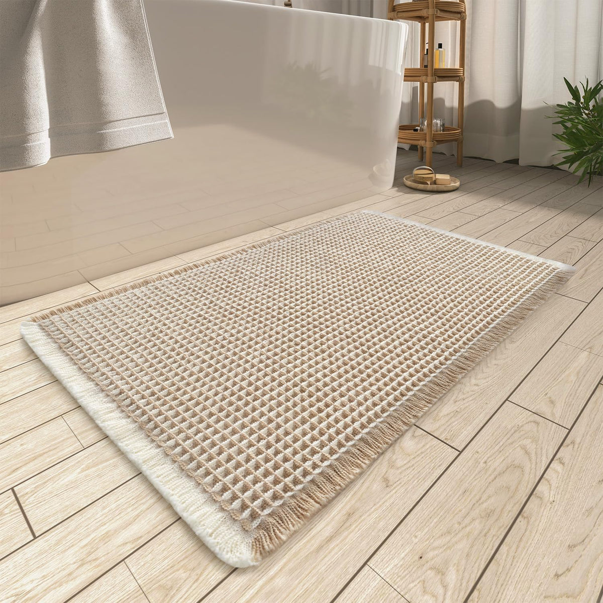 Upgraded Waffle Bath Mat Ultra Absorbent Non Slip Bathroom Mat, 17" x 24" | Brown, Quick Dry Washable Bathroom Rugs, Extra Soft Decorative Bath Rugs for Bathroom Floor, Beside Tub and Shower