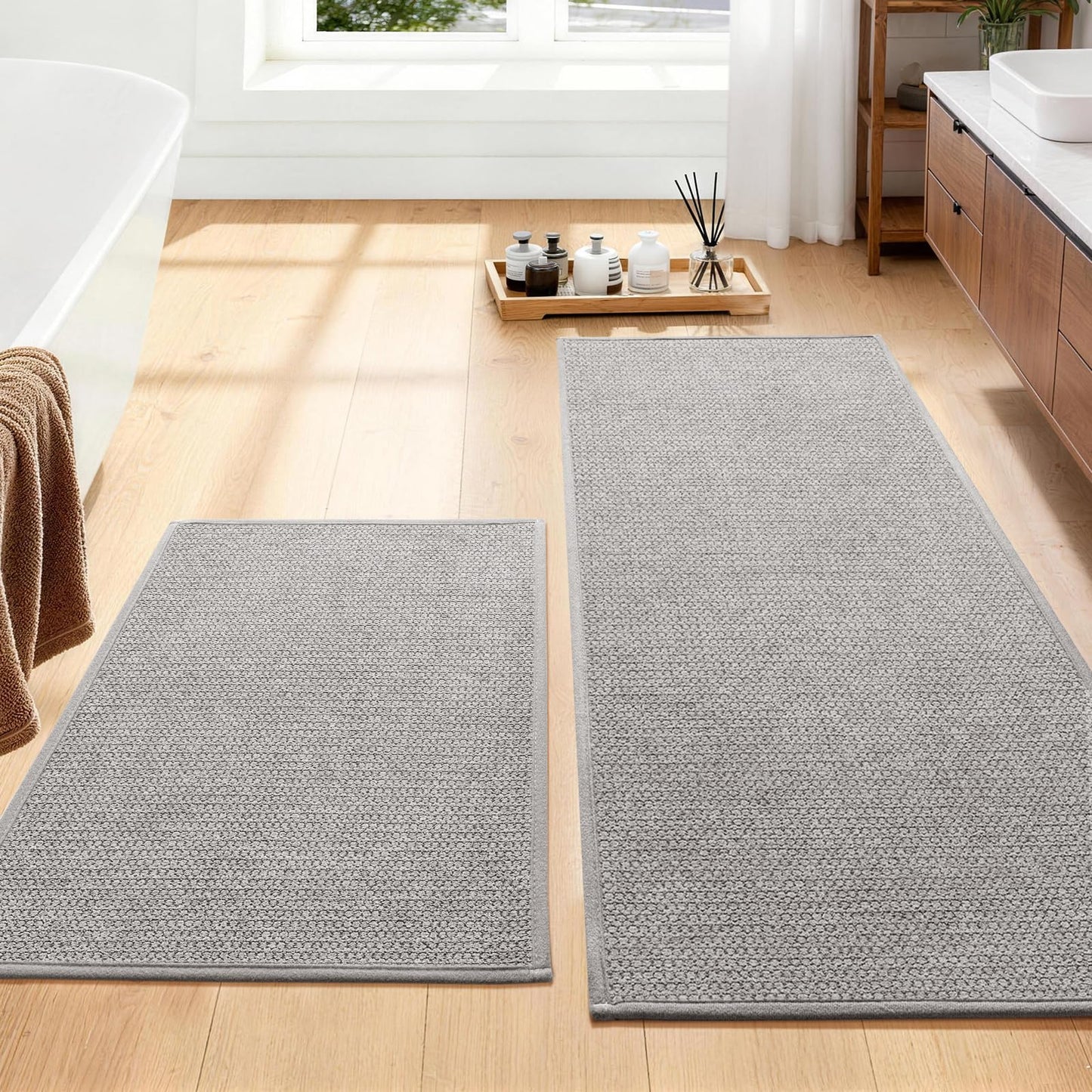 YIHOUSE Gray Bathroom Rugs Sets 3 Piece, Quick Dry Thin Bath Mat with Toilet Rug, Non Slip Absorbent Machine Washable, Bath Runner Rugs for Bathtub Sink Home Decor