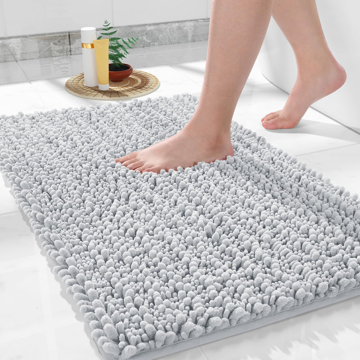 Yimobra Bathroom Rugs Non-Slip Washable – Extra Soft & Absorbent Chenille Bath Mat, Quick-Dry Plush Shaggy Floor & Vanity Bath Rugs for Tub & Shower, Modern Home Decor Accessories, 24 x 17, Grey