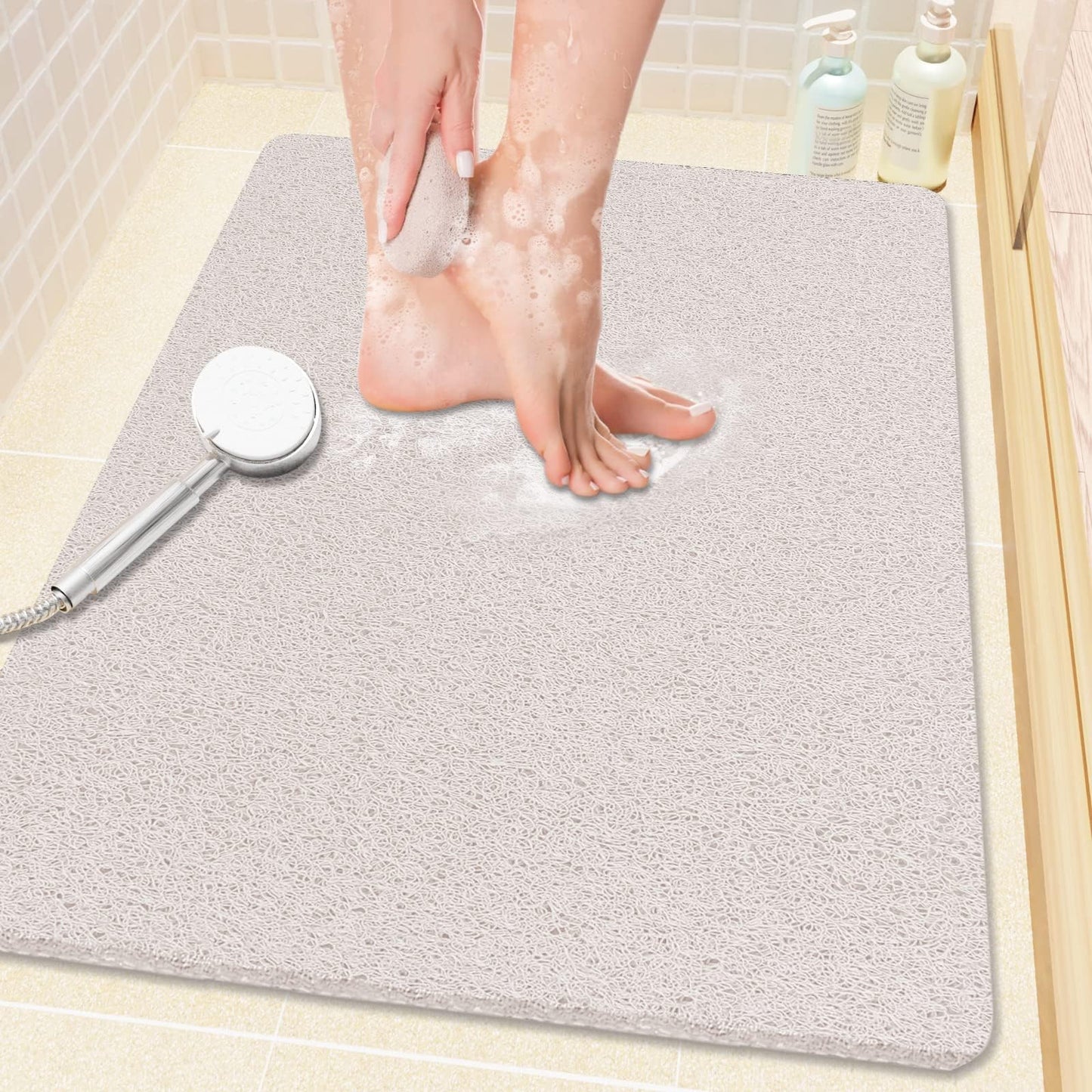 SoftDuo Shower Mat Bathtub Mat Non-Slip Soft Tub Mat | 24x16 inch,PVC Loofah Bath Mat with Drain for Tub and Bathroom,Quick Drying,Grey