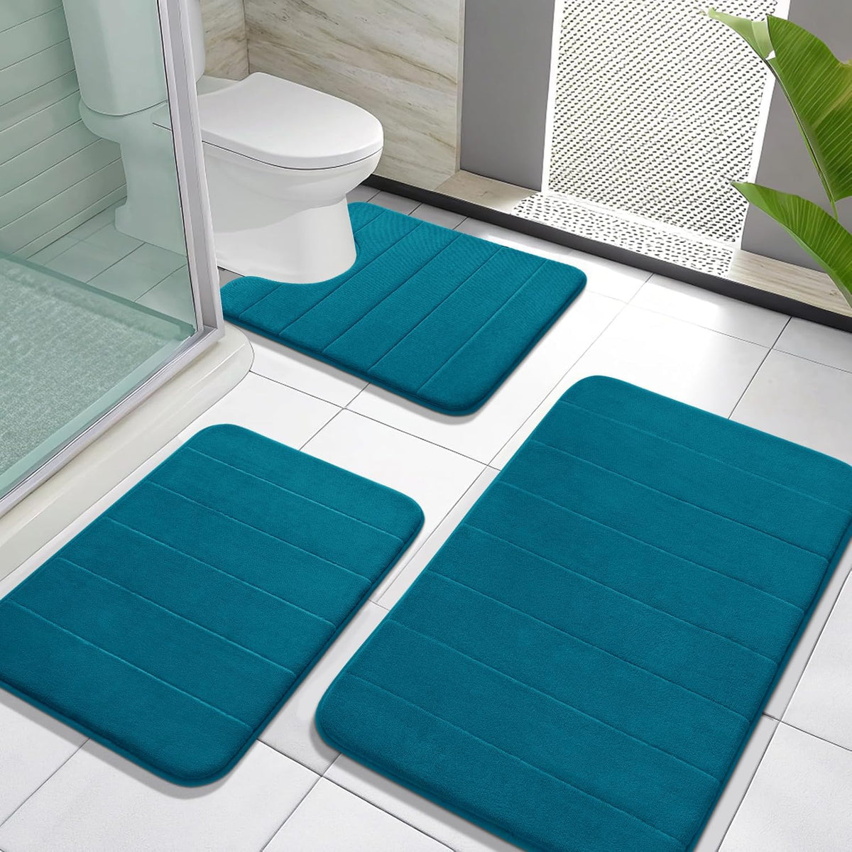 Yimobra Memory Foam Bath Mat Set 3 Pieces- Super Soft Absorbent Quick Dry Bathroom Rug Sets, Machine Washable Non Slip Floor Carpet for Tub Shower, Vanity & Toilet Base, Gray