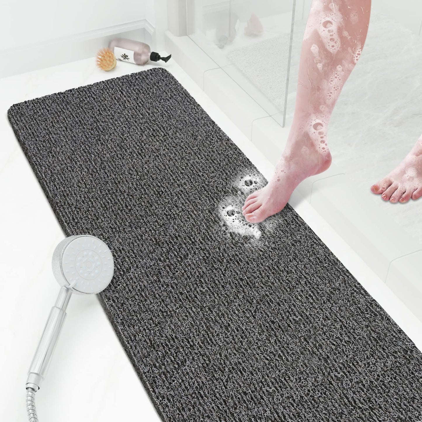 SoftDuo Shower Mat Bathtub Mat Non-Slip Soft Tub Mat | 24x16 inch,PVC Loofah Bath Mat with Drain for Tub and Bathroom,Quick Drying,Grey