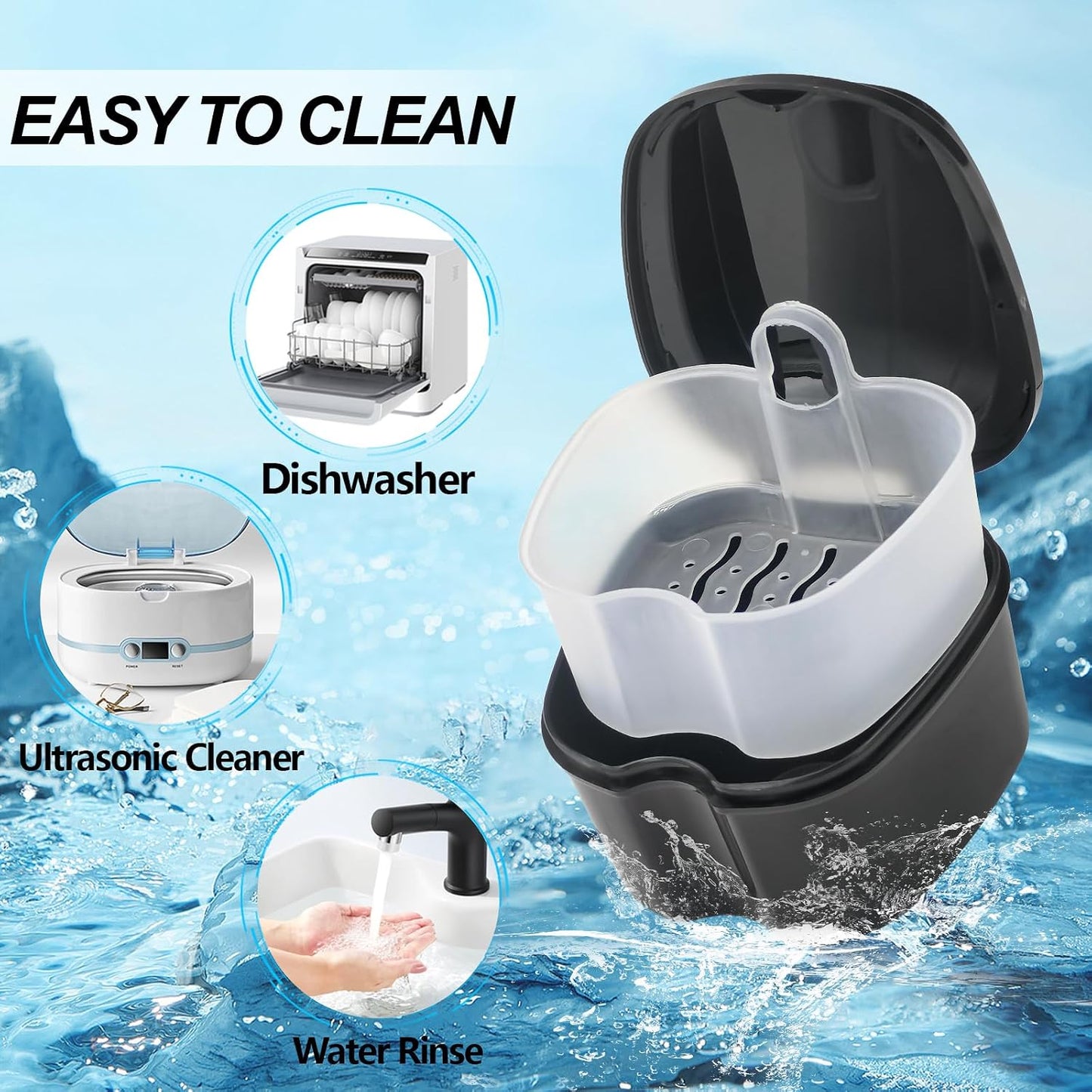 2 Pack Colors Denture Bath Case Cup Retainer Cleaner Holder Case False Teeth Soaking Container Dental Bath Storage Box Case with Strainer Basket and Brush - Rose Red & Black