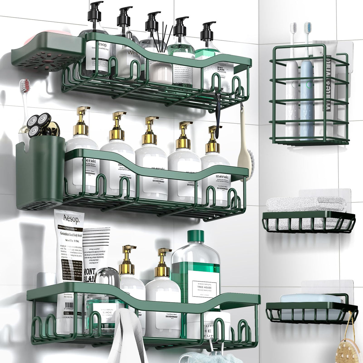 NESOMI 7-Pack Shower Caddy Adhesive,Stainless Steel Shower Organizer Shelf | Rustproof, with Soap Dish Toothbrush Holder, Large Capacity, No-Drill Rack Bathroom Storage Accessories, 24 Hooks, Home Decor