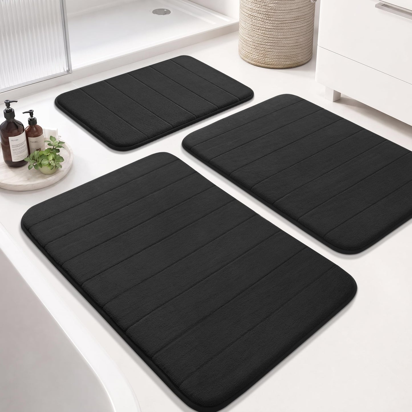 Yimobra Memory Foam Bath Mat Set 3 Pieces- Super Soft Absorbent Quick Dry Bathroom Rug Sets, Machine Washable Non Slip Floor Carpet for Tub Shower, Vanity & Toilet Base, Gray
