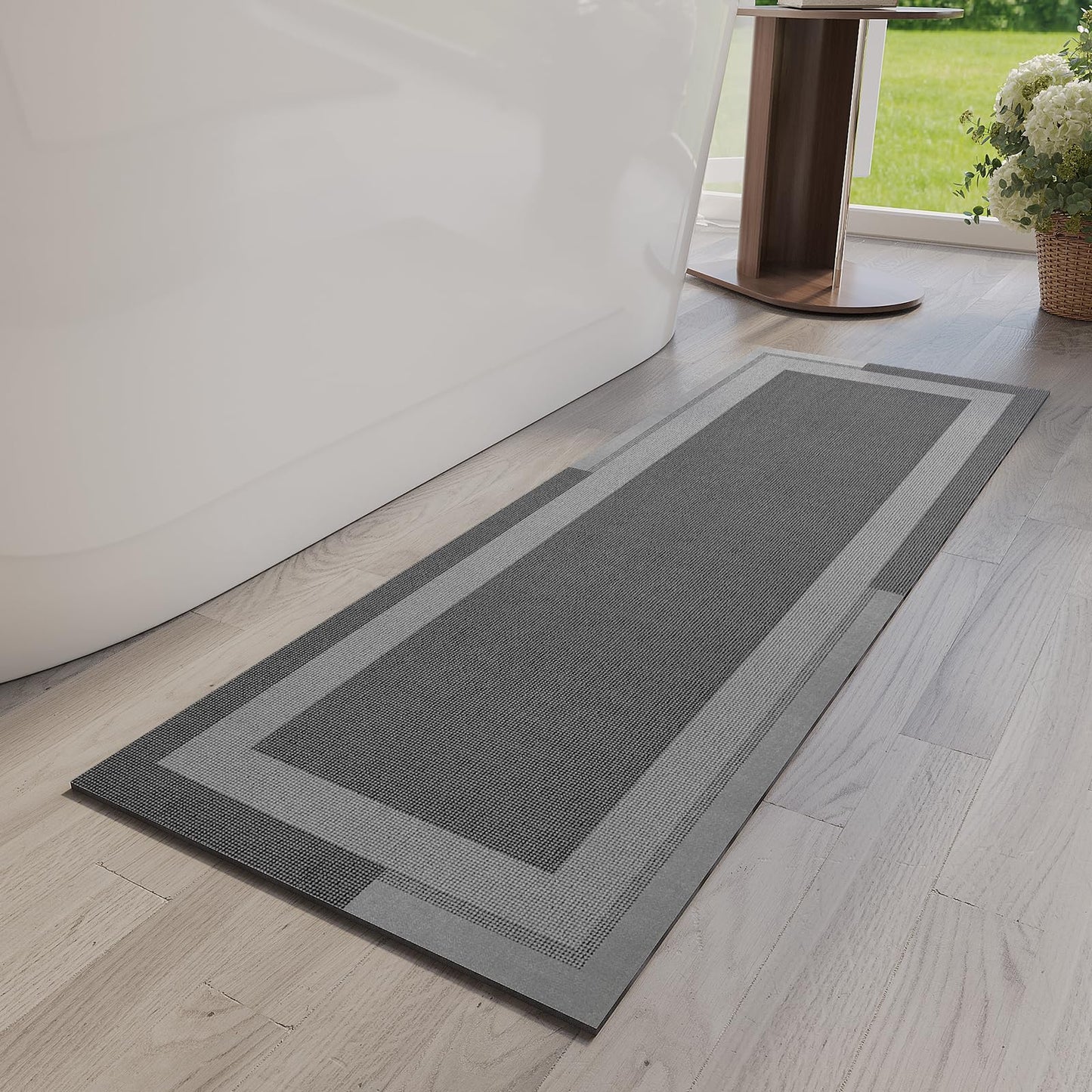 YDKGL Non Slip Bath Mat Thin Bathroom Rugs Fit Under Door Grey 16"x 24" | Quick Dry Absorbent Washable Rubber Backing Bath Rug Shower Mat Bathroom Floor Mat for Sink Bathtub Beside Shower Entrance
