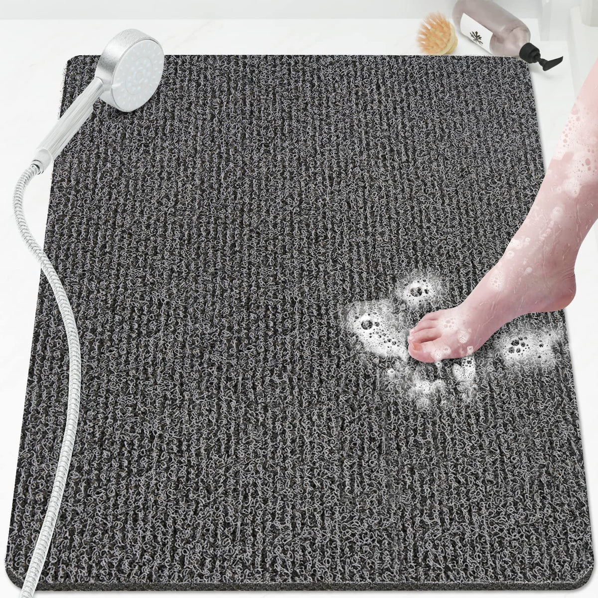 SoftDuo Shower Mat Bathtub Mat Non-Slip Soft Tub Mat | 24x16 inch,PVC Loofah Bath Mat with Drain for Tub and Bathroom,Quick Drying,Grey
