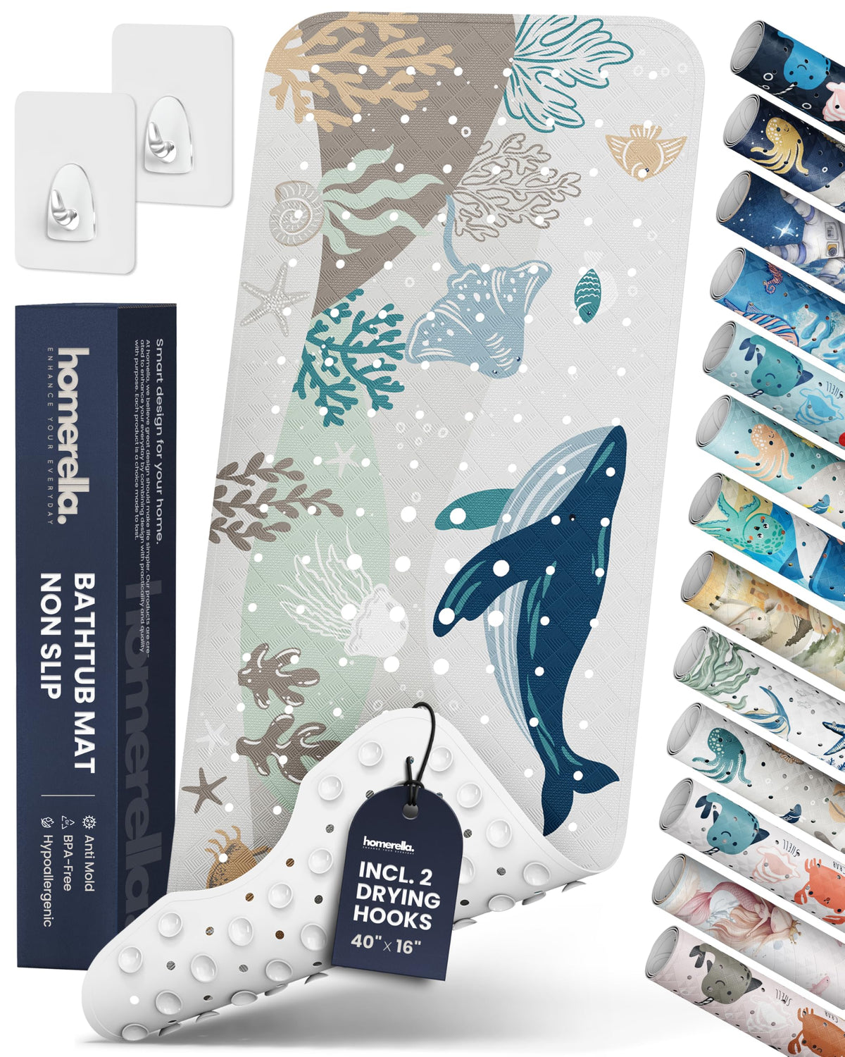 homerella Bathtub Mat Non Slip Kids 40x16 Baby Bath Mat Non Slip Anti Mold | 100% BPA Free, Non Toxic, Mildew Resistant, Machine Washable, Extra Long Kids Bath Mat for Tub Non Slip, Toddler Bath Mat